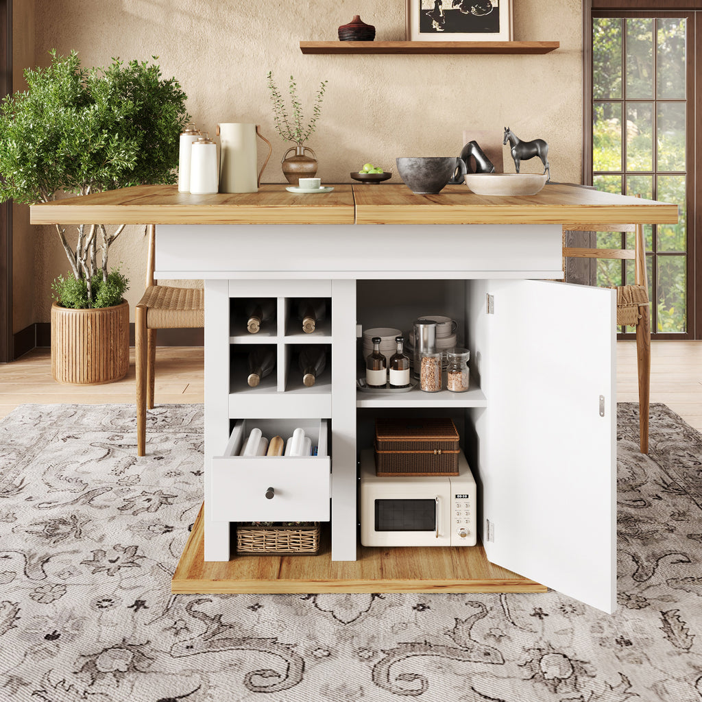 Telescopic dining table (110-140×80cm), foldable kitchen table for 4-6 people, extendable dining table, space-saving kitchen table, for kitchen and living room, dining table with wine rack and drawers