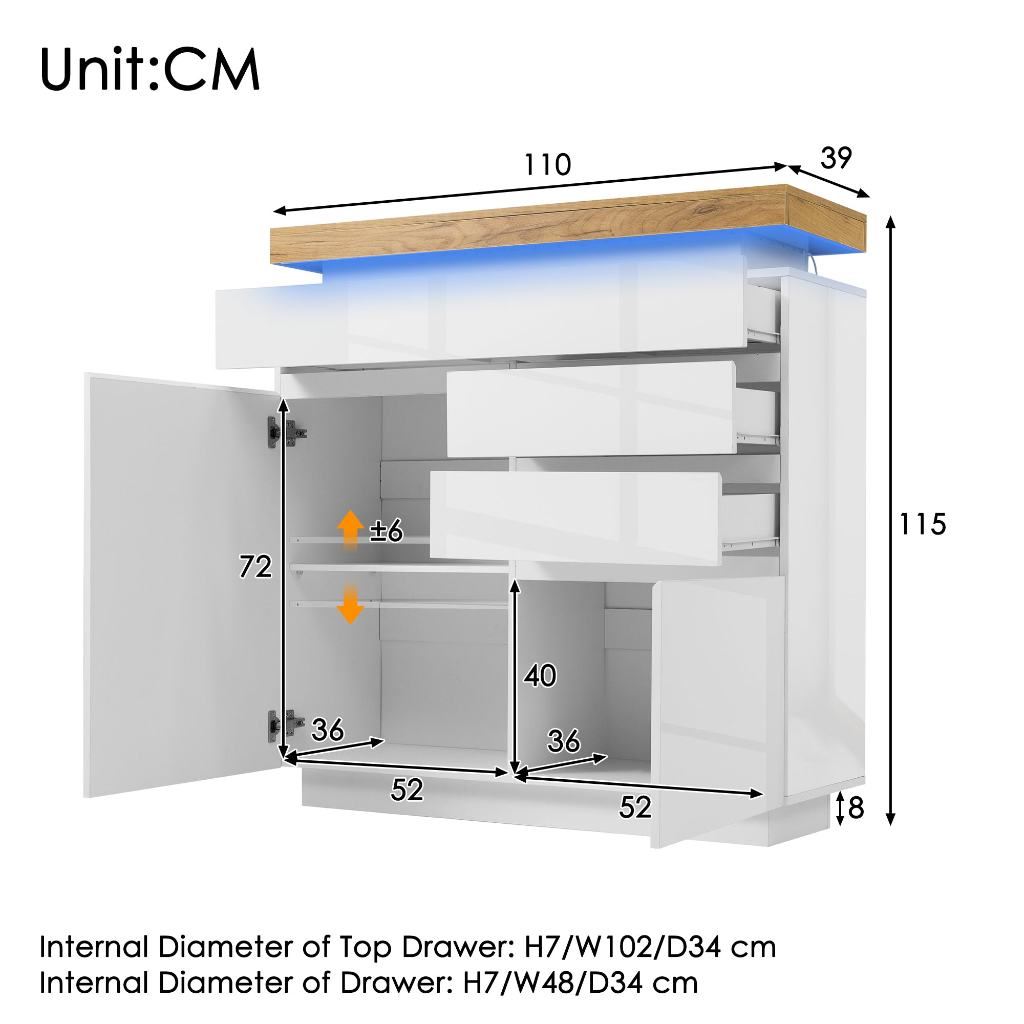 Chest of Drawers,High-gloss Sideboard Cabinet with 2 Doors and 3 Drawers,Storage with RGB LED(App-controlled),Multi-purpose Cabinet for Living Room and Bedroom, 115 x 110 x 39 cm, White