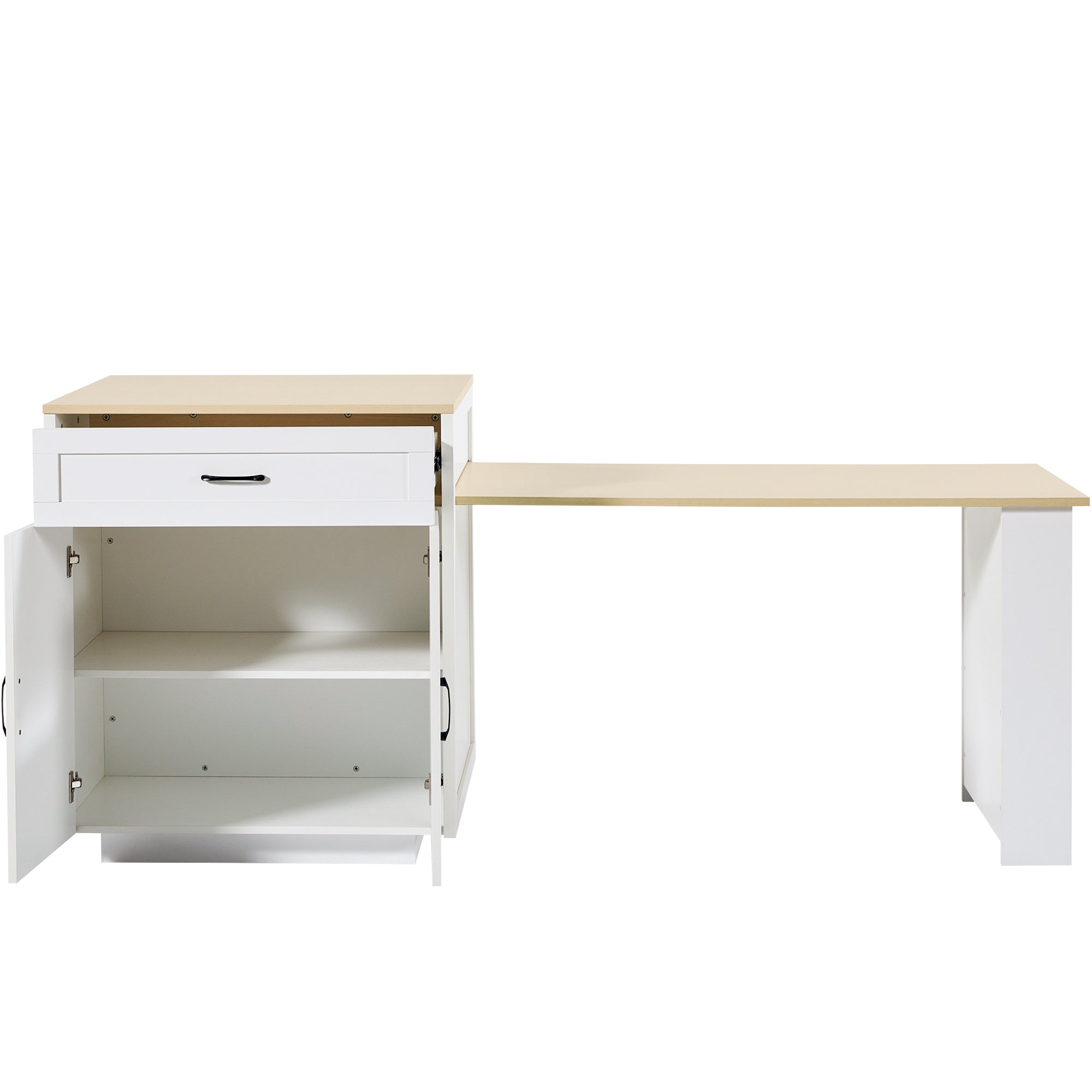 Extendable Bar Table with Storage (133–202 × 70 × 93.5 cm), with 2 Drawers and 2 Compartments, Expandable Kitchen Island Table for 2–6 People, Kitchen Dining Cart with Side Shelves, White.