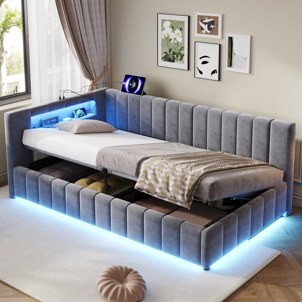 3ft Single Velvet Side Hydraulic Storage Bed with Smart RGB LED Lights & Charging Station, Side Opening Ottoman Bed Frame with Type-C & USB Ports, Channel Tufted, Grey(No Mattress)