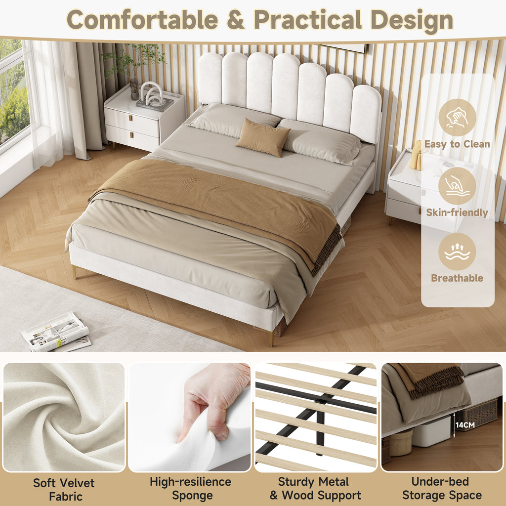 4ft6 Double Premium Velvet Upholstered Bed Frame with Scalloped Channel Tufted Design, Height Adjustable Headboard & Gold Metal Feet, Under-bed Storage Space, No Box Spring Needed, Beige (No Mattress)