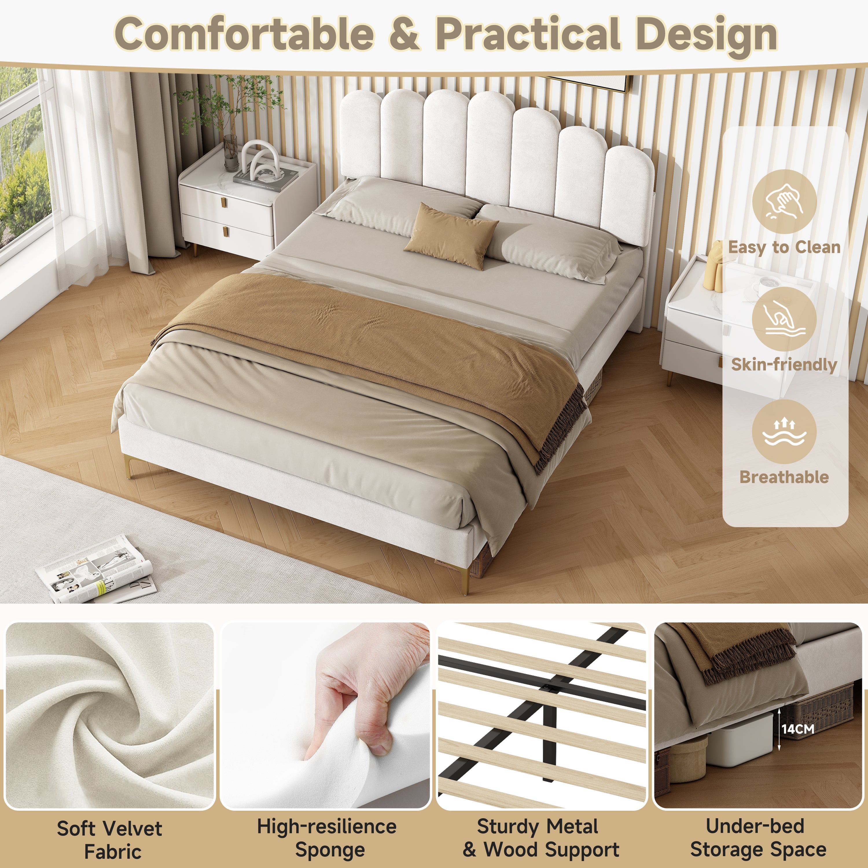 4ft6 Double Premium Velvet Upholstered Bed Frame with Scalloped Channel Tufted Design, Height Adjustable Headboard & Gold Metal Feet, Under-bed Storage Space, No Box Spring Needed, Beige (No Mattress)