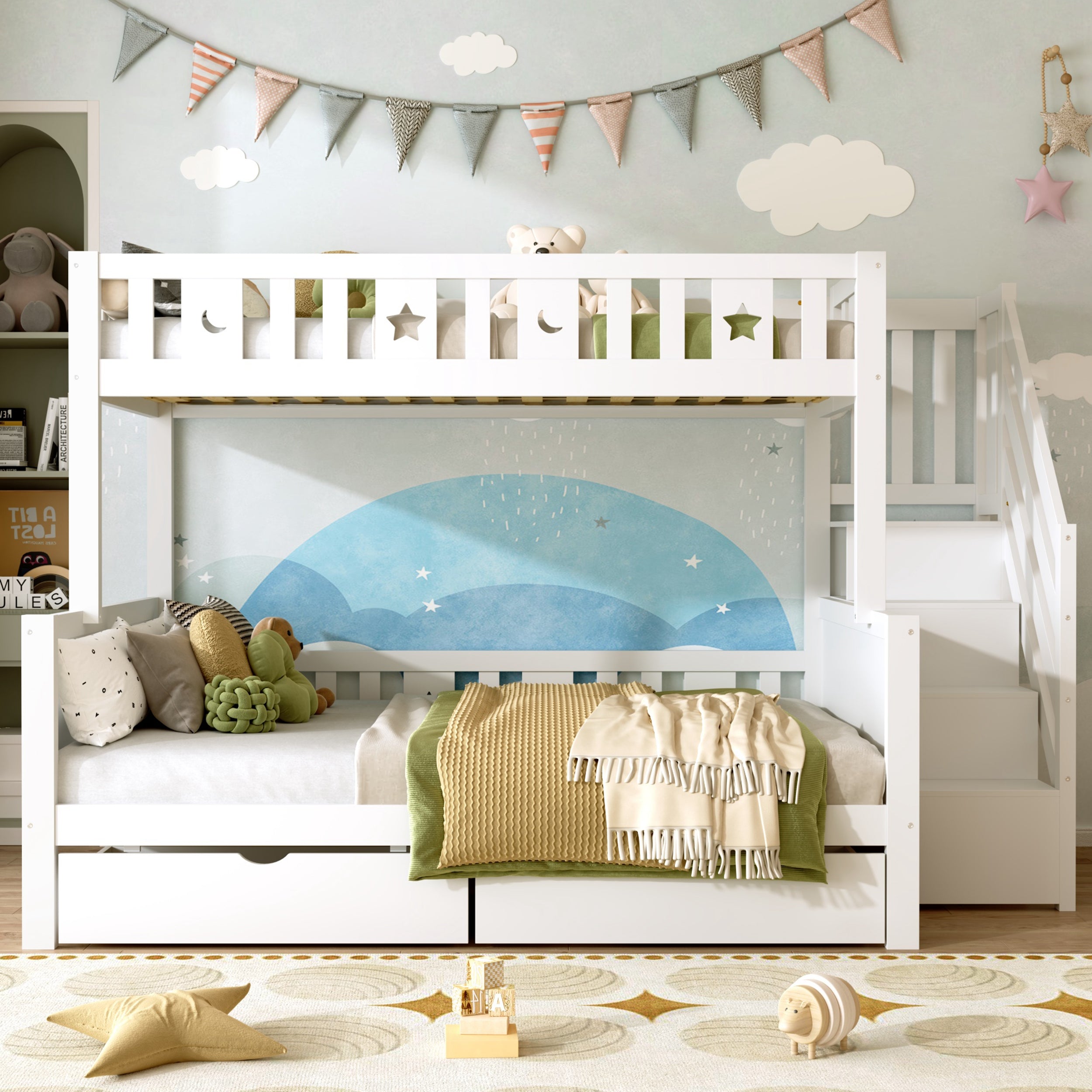 Bunk Bed with Two Storage Drawers and Side Hidden Storage Compartments, Solid Wood Loft Bed Frame with Space-Saving Design, Safety Guardrails & Staircase, Star and Moon Motifs, White (No Mattress)