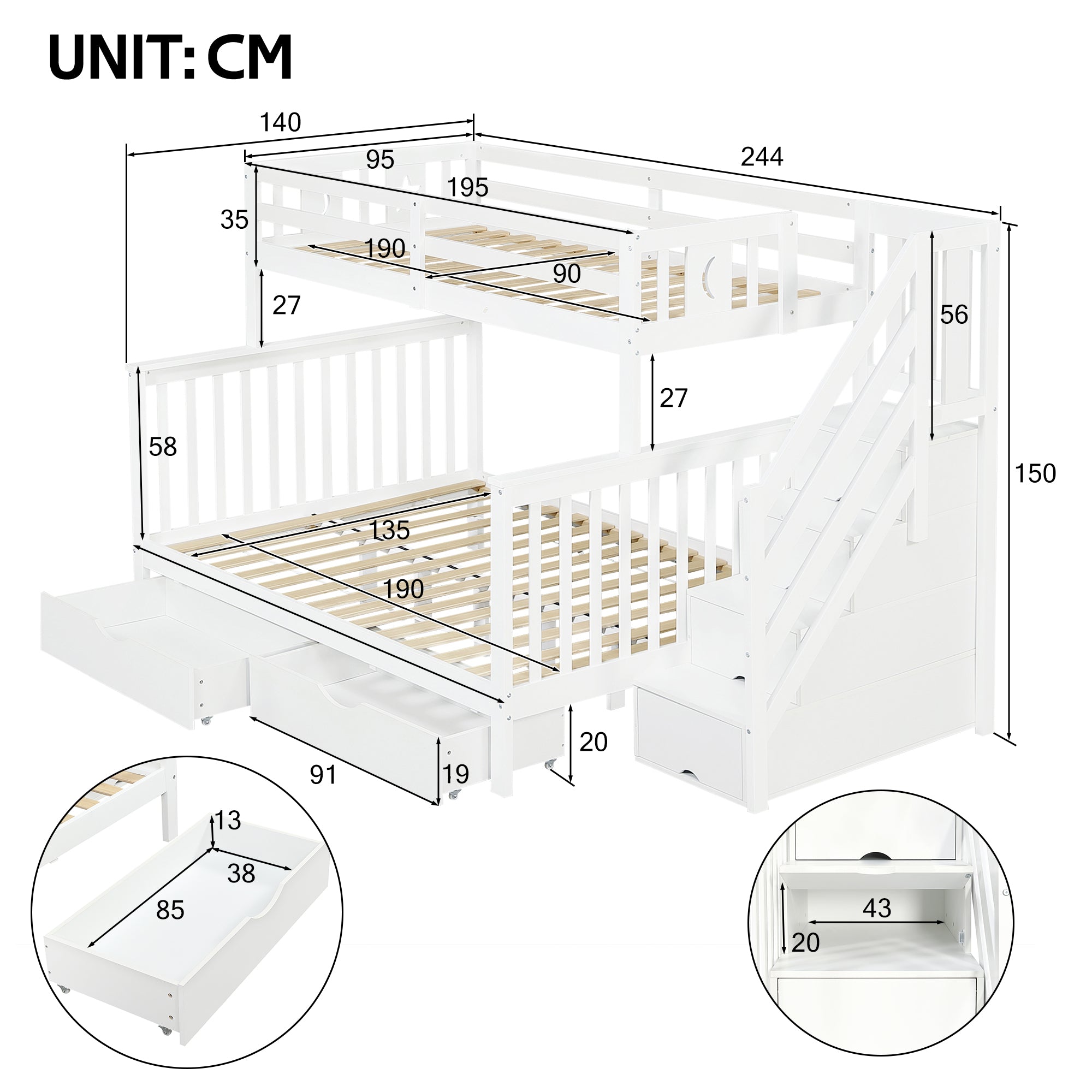 Bunk Beds for Kids, Double High Sleeper Bed Frame with Storage and Guardrail, Space-Saving Design with Drawer Storage, Children Cabin Bed with Storage Stair for Bedroom, Dorm, White (No Mattress)