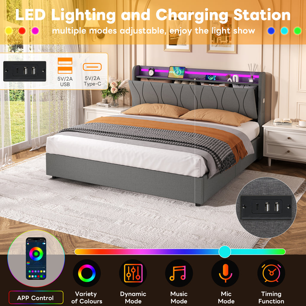 5ft King Upholstered Bed Frame with Hydraulic Storage, LED Headboard with Charging Station and Concealed Headboard Storage, USB and Type - C Ports, Linen, No Box Spring Needed, Grey (No Mattress)