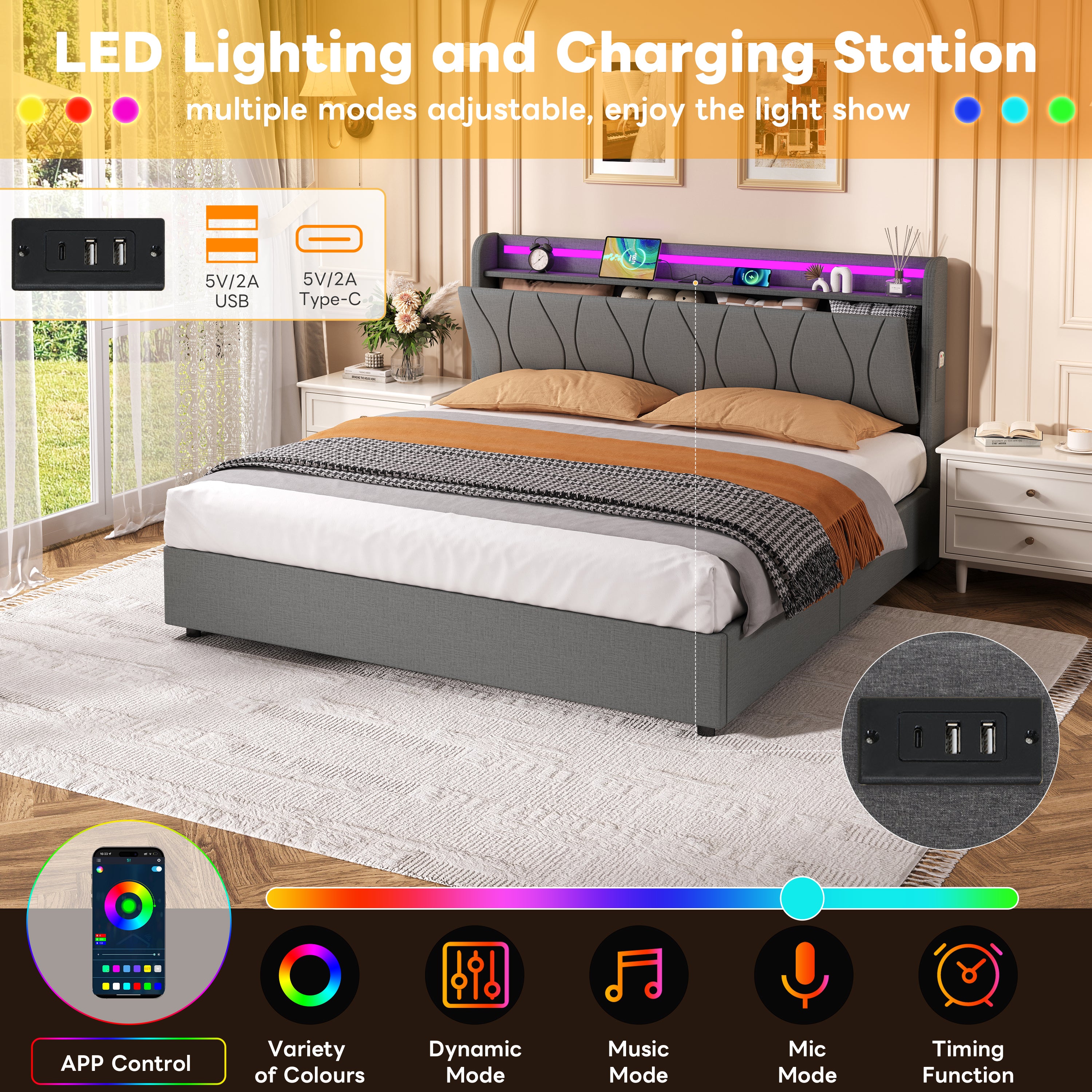 5ft King Upholstered Bed Frame with Hydraulic Storage, LED Headboard with Charging Station and Concealed Headboard Storage, USB and Type - C Ports, Linen, No Box Spring Needed, Grey (No Mattress)