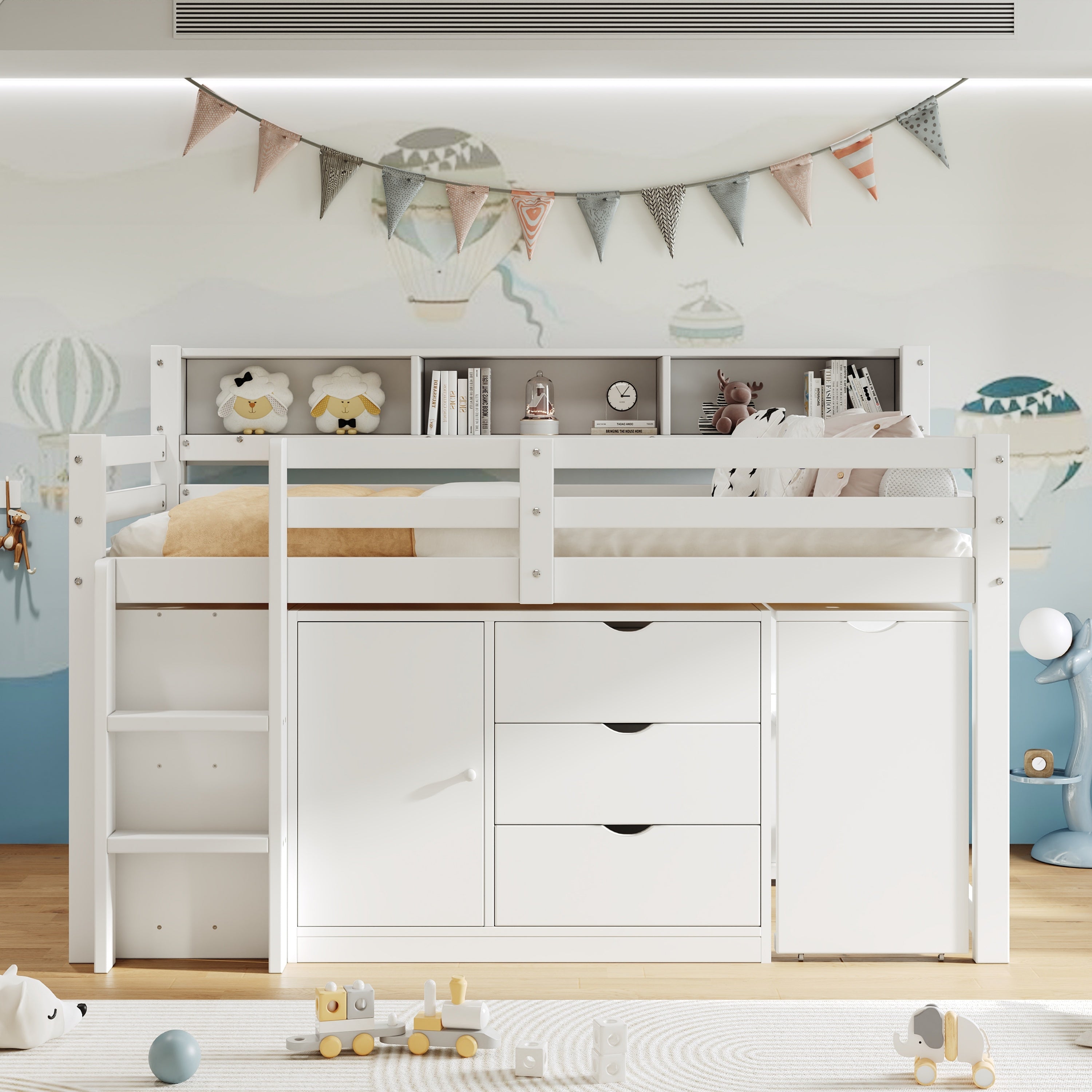 3ft Single Wooden Storage Bed with Pull-out Desk, Modern Wood Bed with Three Drawers, Storage Cabinet & Headboard Shelves, Space-saving Design with Storage Compartment, White (No Mattress)
