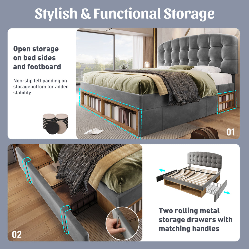Upholstered King Bed with Storage Compartments and Drawers, 5ft King Bed with Adjustable Headboard, 150 x 200 cm, Velvet, Grey (No Mattress)