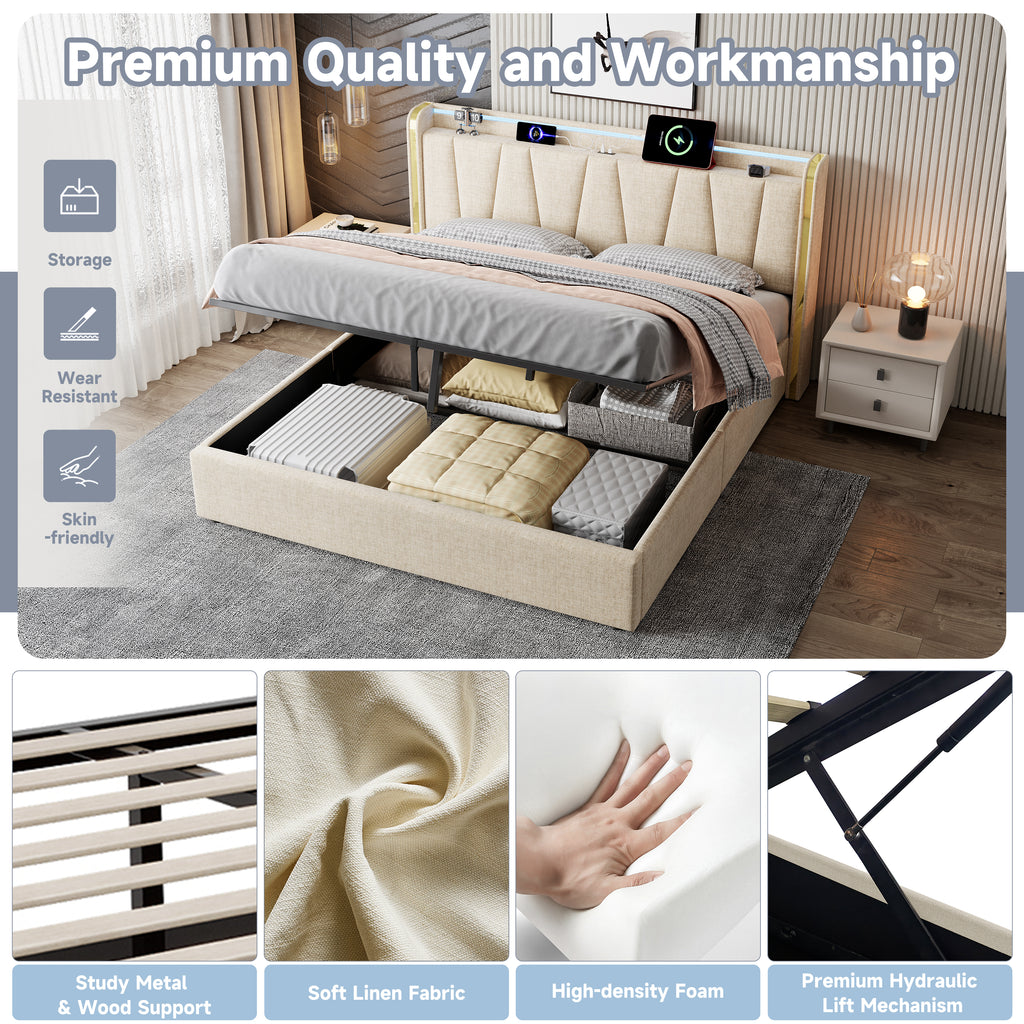 5ft King Upholstered Bed Frame with Hydraulic Storage, LED Headboard with Charging Station and Chrome Trim, USB and Type-C Ports, Linen, No Box Spring Needed, Beige (No Mattress)