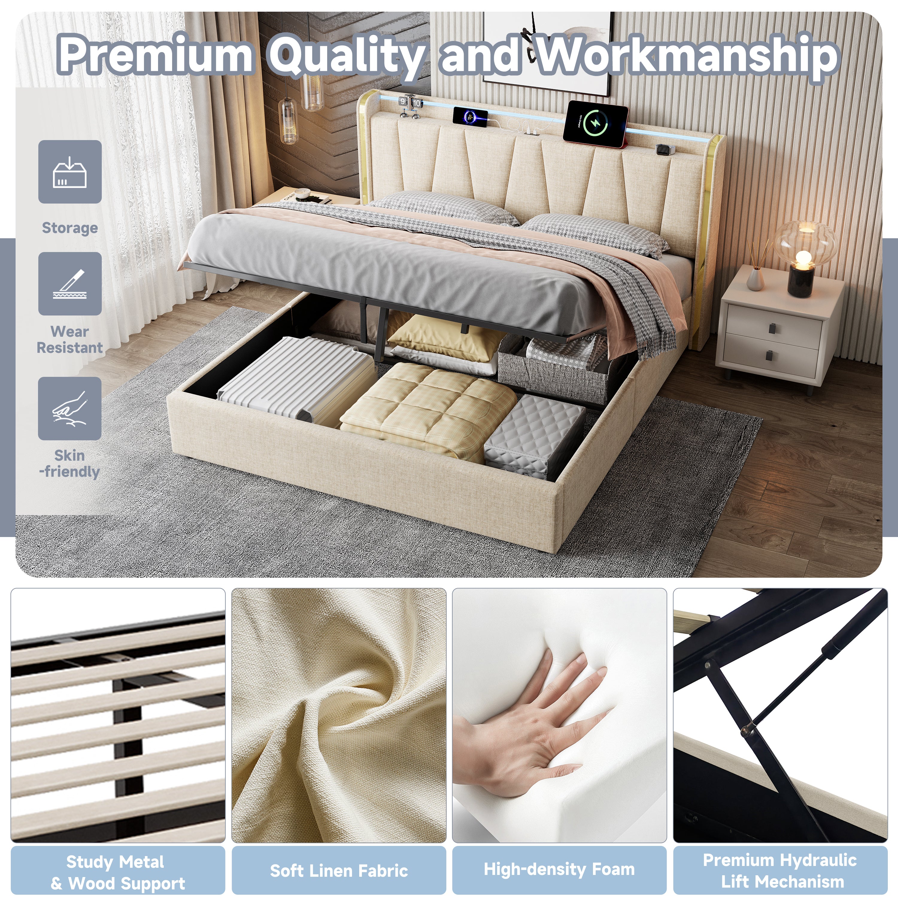 5ft King Upholstered Bed Frame with Hydraulic Storage, LED Headboard with Charging Station and Chrome Trim, USB and Type-C Ports, Linen, No Box Spring Needed, Beige (No Mattress)
