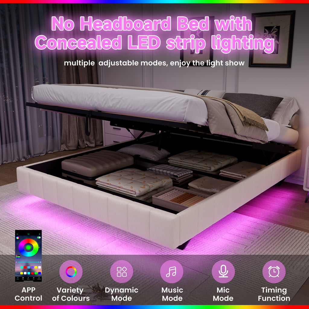 4ft6 Double Floating Bed Frame with Hydraulic Under-bed Storage & Smart RGB LED Lights, No Headboard Upholstered Bed with Concealed Anti-Collision Leg, Linen Fabric, Beige (No Mattress)