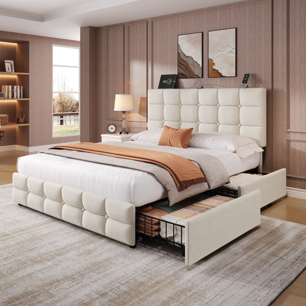 4ft6 Double Upholstered Bed with 4 Storage Drawers, Velvet Bed Frame with Charging Station. Adjustable Button Tufted Headboard with USB and Type - C Ports, No Box Spring Needed, Beige (No Mattress)