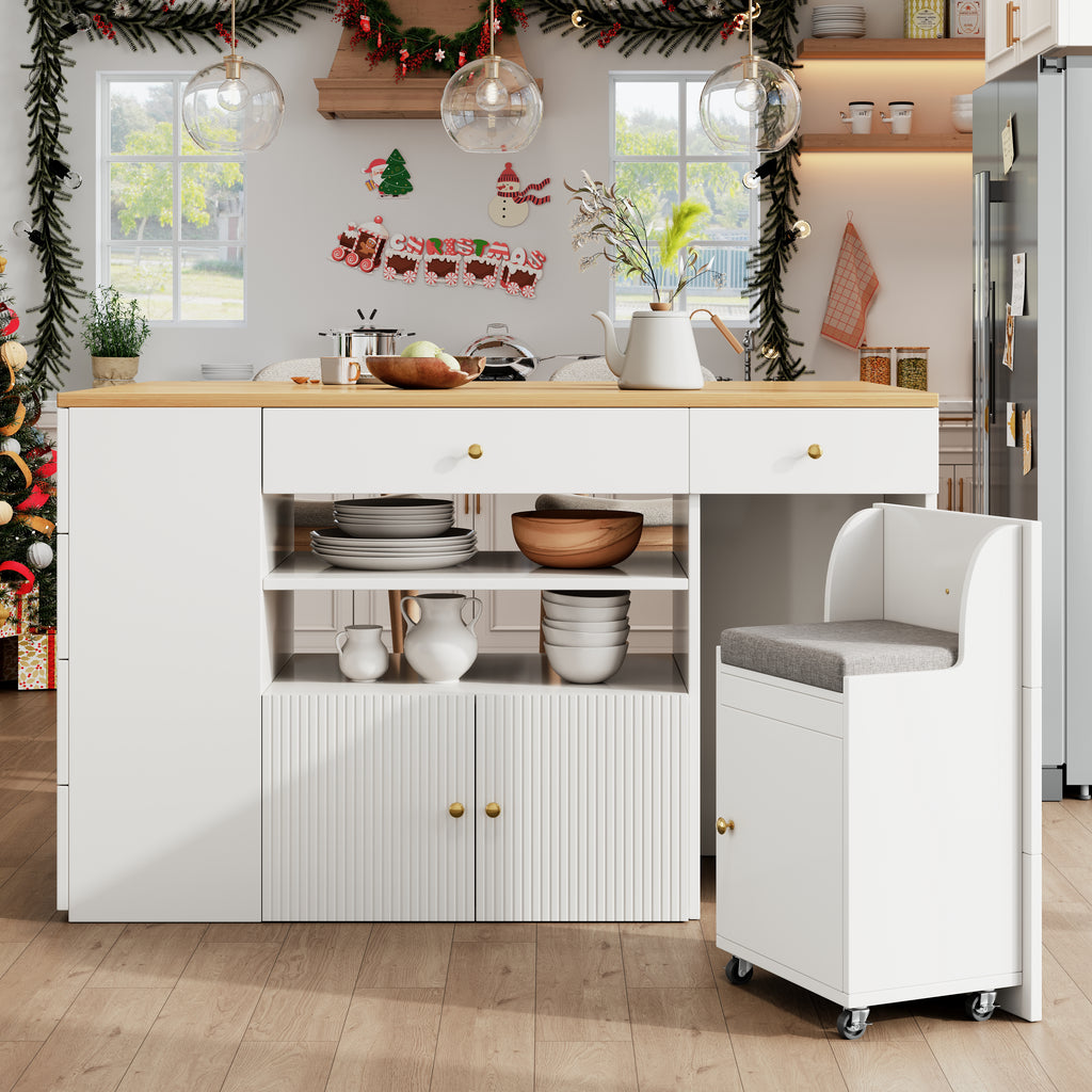 Adjustable Kitchen Island with Bar Stools - Sideboard & Cabinet with 6 Drawers, Width 140-70cm, White/Black