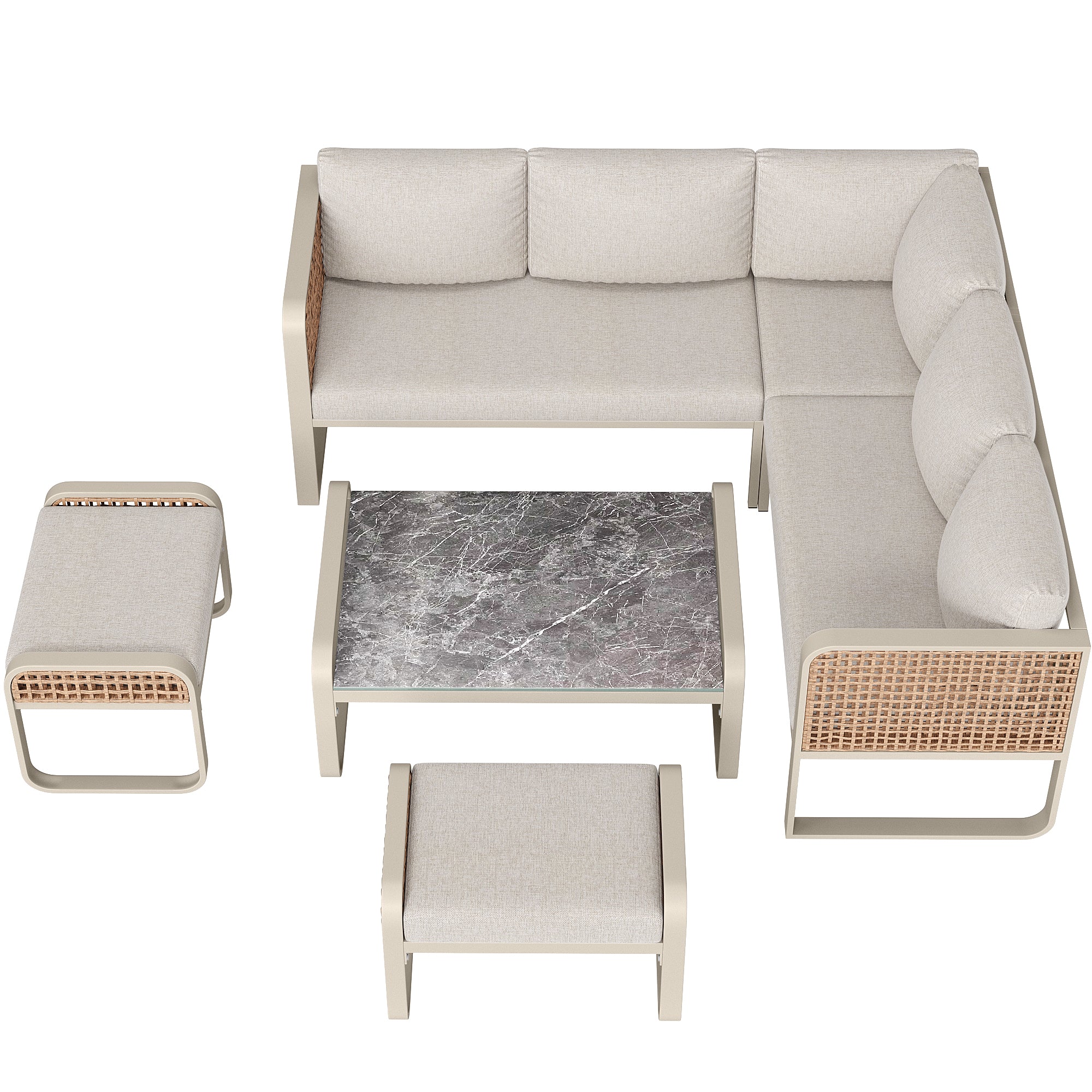 Outdoor garden lounge set, rattan furniture set for 6-7 people, corner sofa with galvanised iron frame, adjustable legs, includes all seat and back cushions, beige