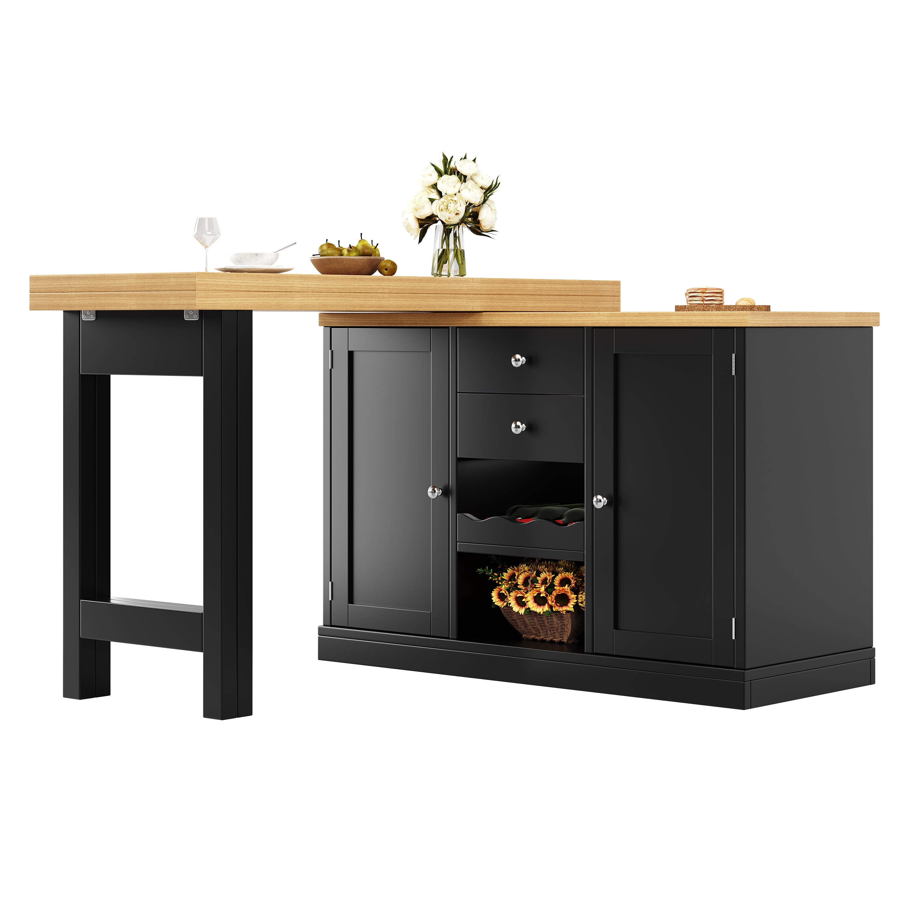 Extendable Sideboard & Dining Table Combo, 2 Drawers & Snack rack, Space-Saving Sideboard for Small Flats, White/Black