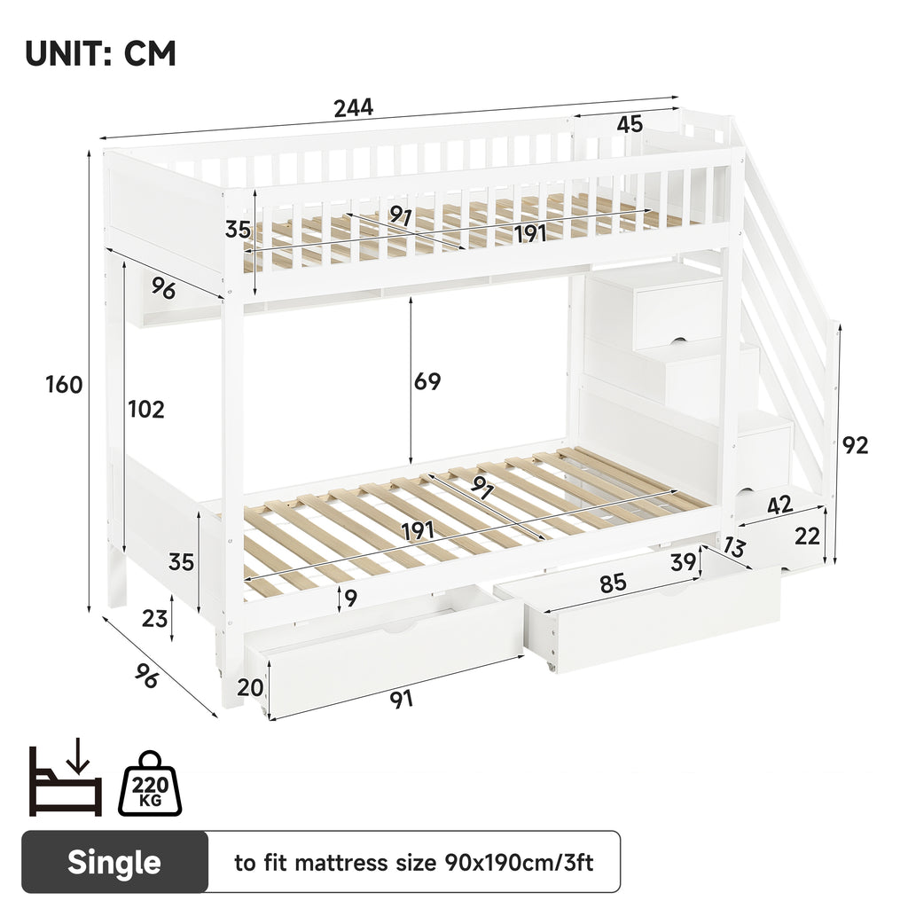 3ft Single Loft Bed with Under Bed Drawers, High-Quality Solid Wood Bunk Bed Frame with Integrated Stairway Storage, Shelving and Hidden Lockers, Safety Guardrails, White (No Mattress)