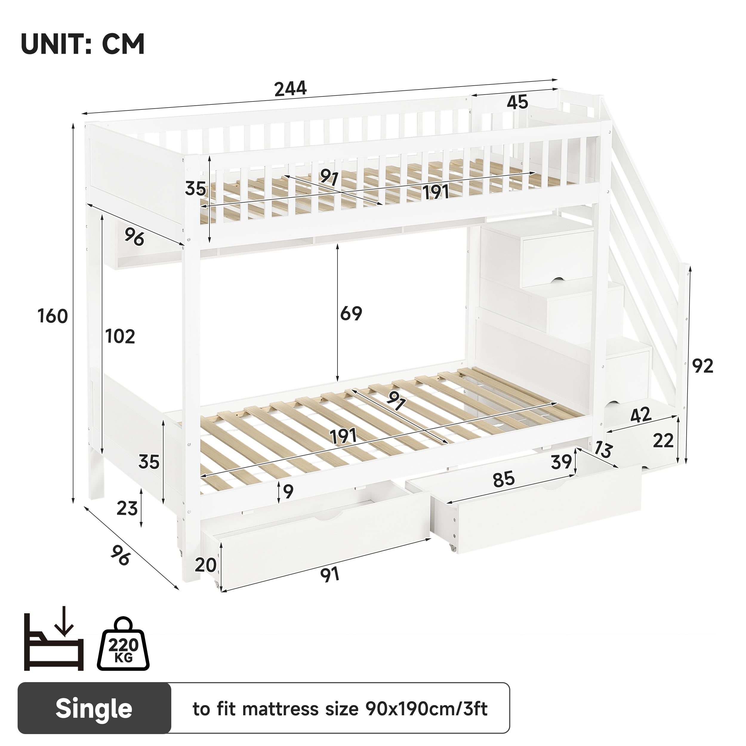 3ft Single Loft Bed with Under Bed Drawers, High-Quality Solid Wood Bunk Bed Frame with Integrated Stairway Storage, Shelving and Hidden Lockers, Safety Guardrails, White (No Mattress)