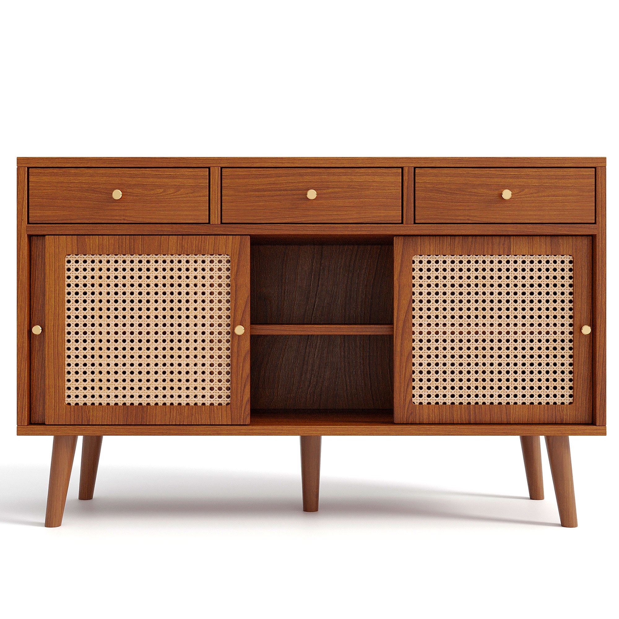 Modern sideboard 120*40*78cm, rattan door design, with 3 drawers and storage compartments, retro wooden sideboard, suitable for dining room and living room