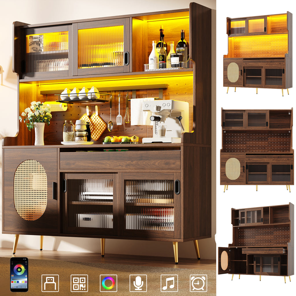 Sideboard / Storage Cabinet / Kitchen Cabinet / Buffet, 145x39x171cm, Country Style, 5 Doors, with LED Light Strip & Pegboard, Fluted Glass Doors, Brown/Black
