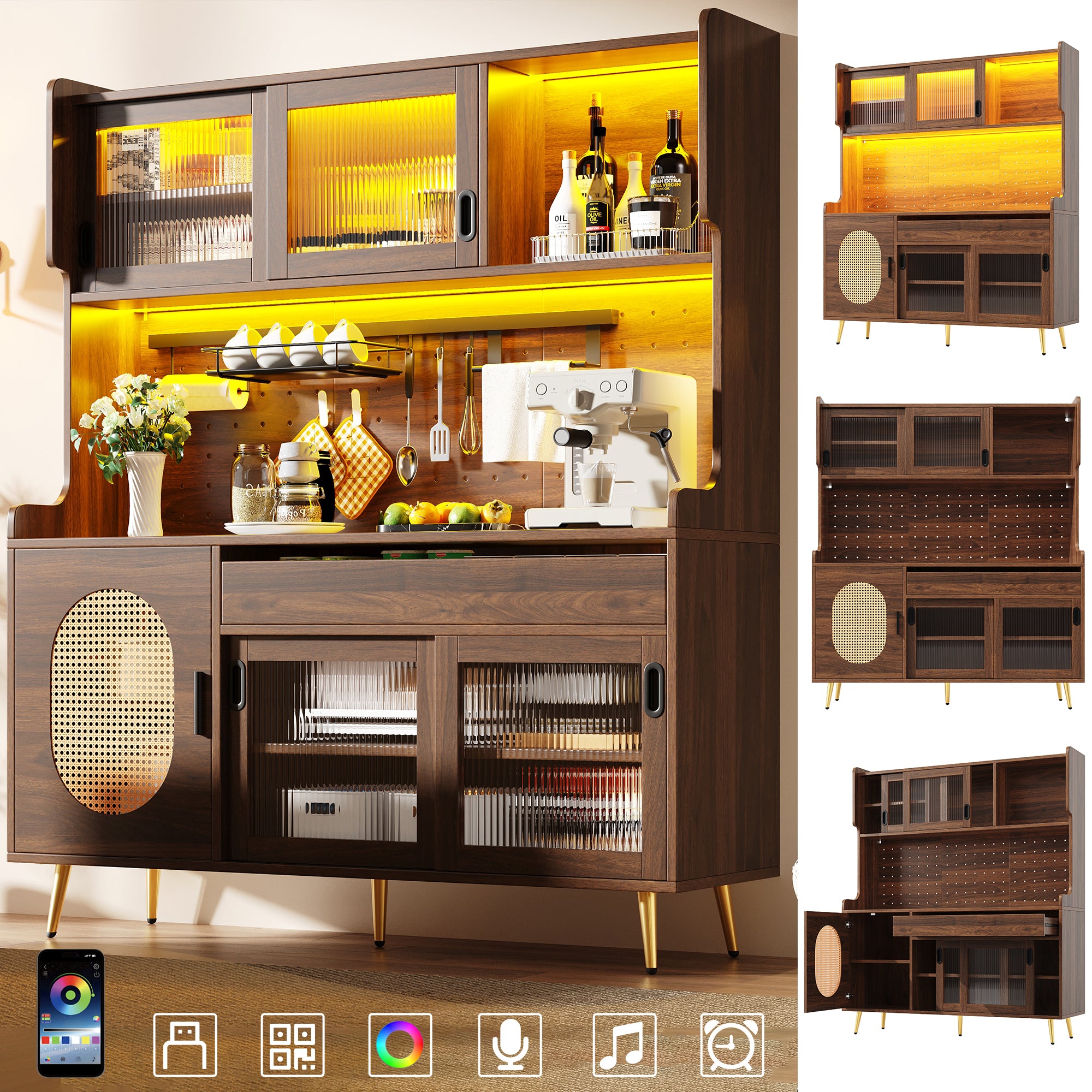 Sideboard / Storage Cabinet / Kitchen Cabinet / Buffet, 145x39x171cm, Country Style, 5 Doors, with LED Light Strip & Pegboard, Fluted Glass Doors, Brown/Black
