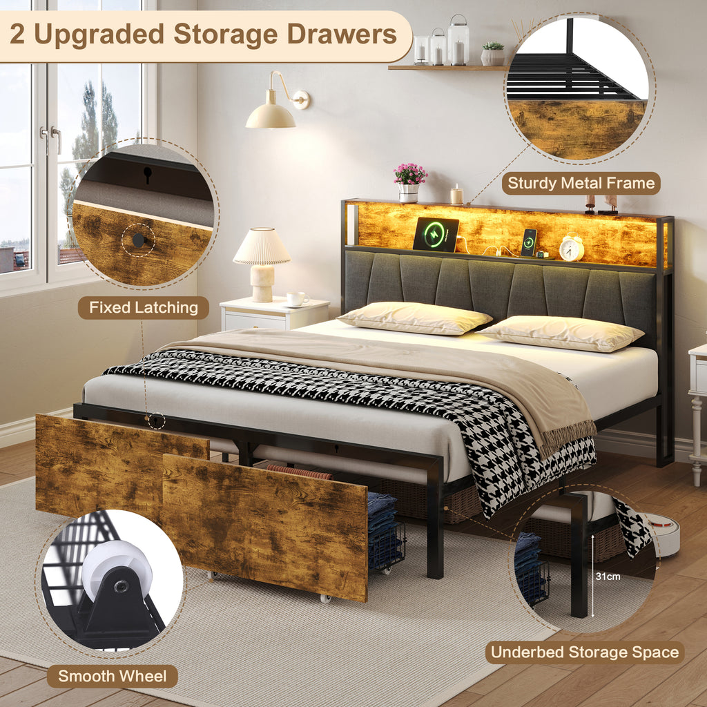 4ft6 Double Bed Frame with 2 Storage Drawers, RGB LED Storage Headboard with Charging Station, Metal Platform Bed Frame, No Box Spring Needed, Easy Assembly, Black+Walnut (No Mattress)