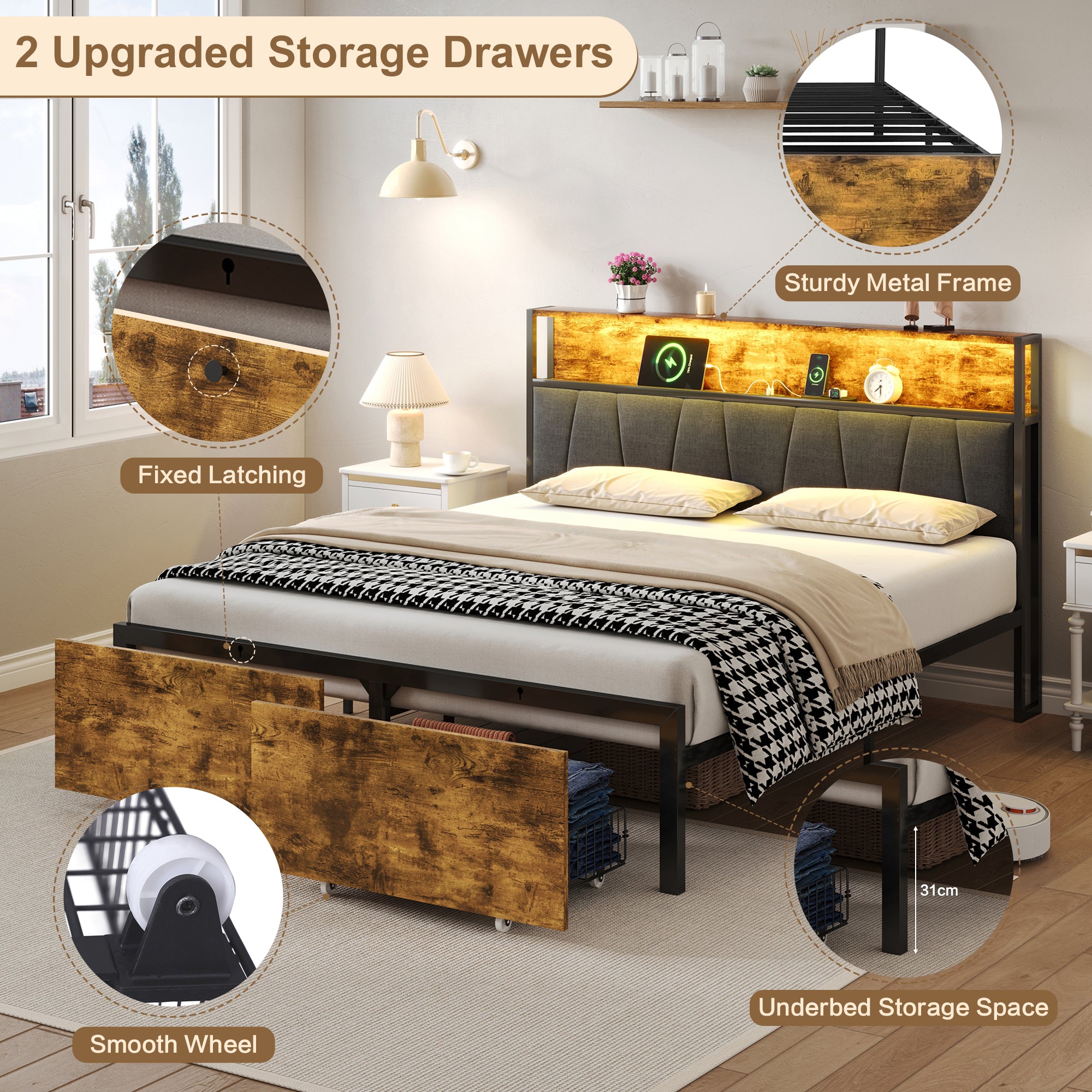4ft6 Double Bed Frame with 2 Storage Drawers, RGB LED Storage Headboard with Charging Station, Metal Platform Bed Frame, No Box Spring Needed, Easy Assembly, Black+Walnut (No Mattress)