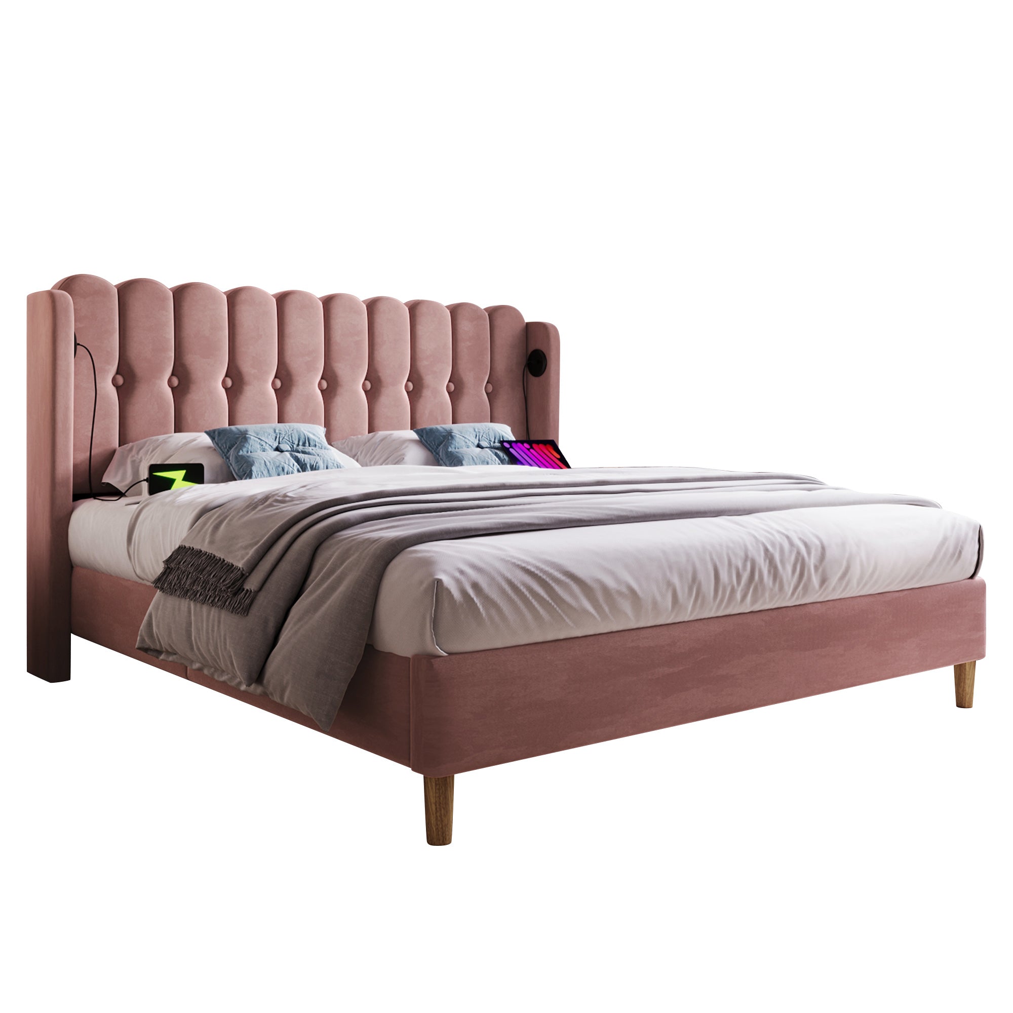 Upholstered Double Bed with USB and Type-C Charging, Bed Frame with Wooden Slatted Frame, Teenager Bed for Bedroom & Guest Room, 4ft6 135 x 190 cm Bed Frame, Pink, Velvet Material (No Mattress).