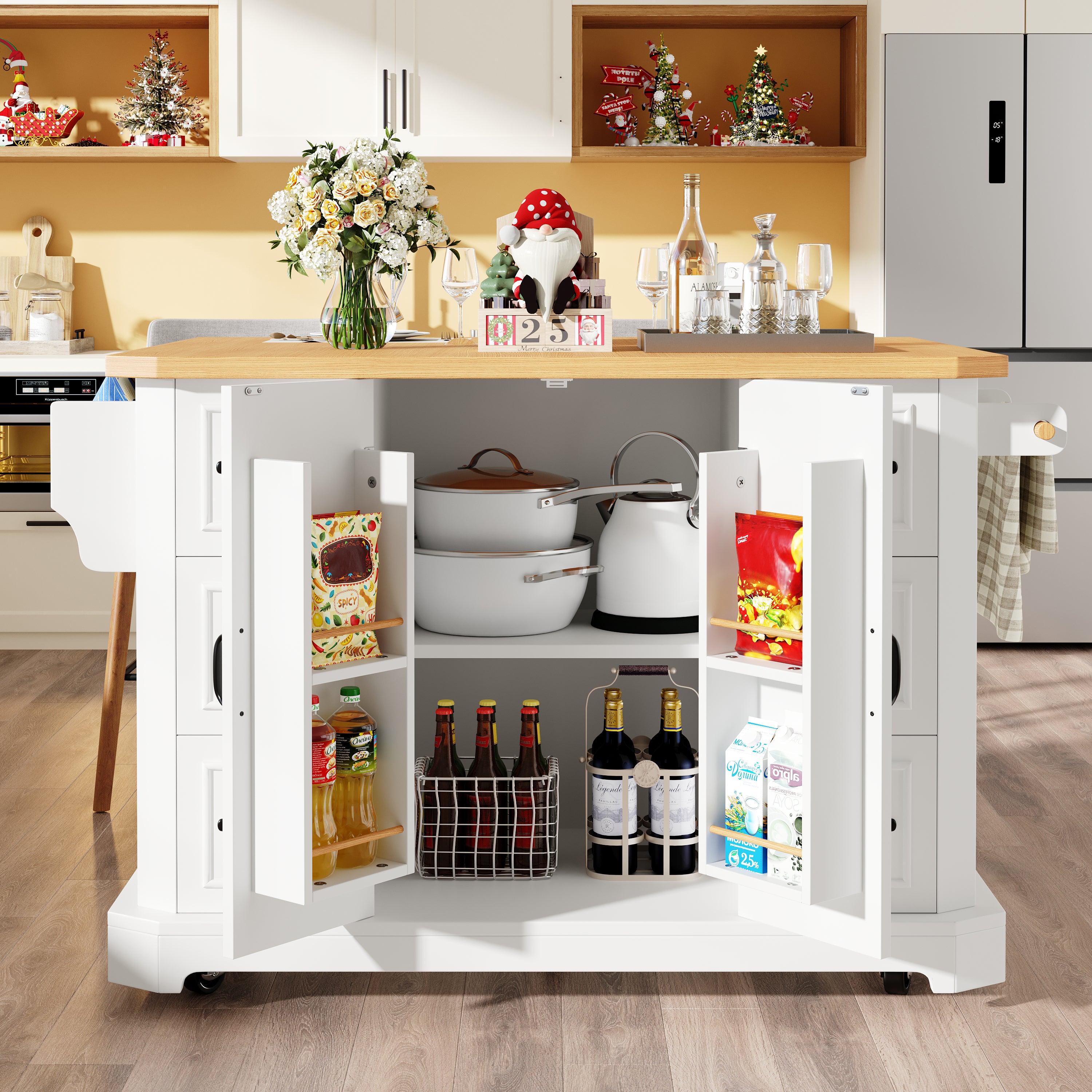 Mobile Kitchen Island Cart on Wheels - Cabinet with 2 Doors & 6 Drawers, Adjustable Width 45-75cm, White/Black