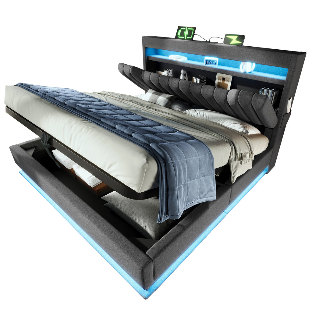 Upholstered Bed 150 x 200 cm with LED Lighting, USB Type-C Charging, Storage Headboard for Cellphones and Tablets, 5ft Hydraulic Storage Bed with Metal Slatted Frame, Linen, Grey (No Mattress)