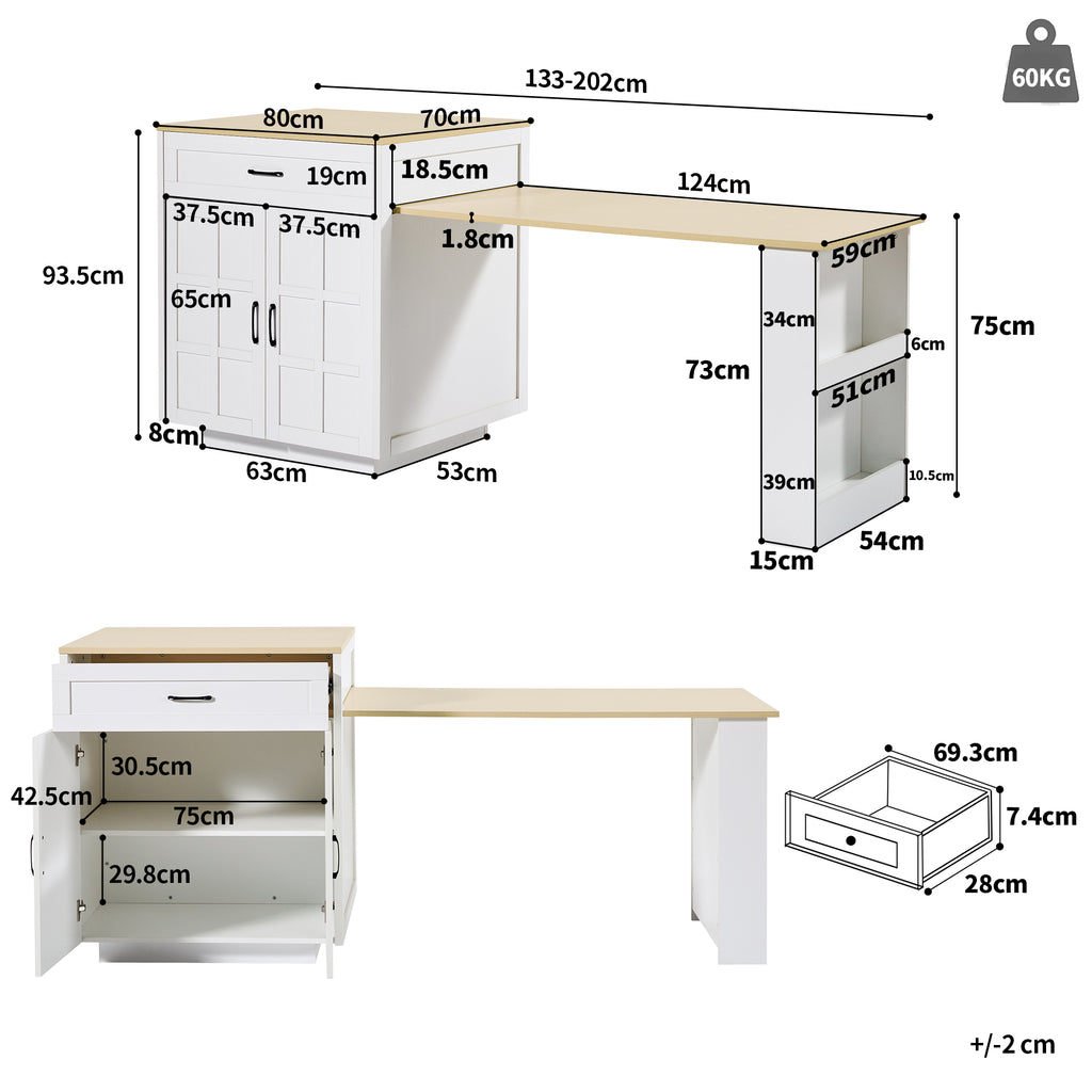 Extendable Bar Table with Storage (133–202 × 70 × 93.5 cm), with Two Drawers and Four Compartments, Expandable Kitchen Island Table for 2–6 People, Kitchen Dining Cart with Side Shelves, White.