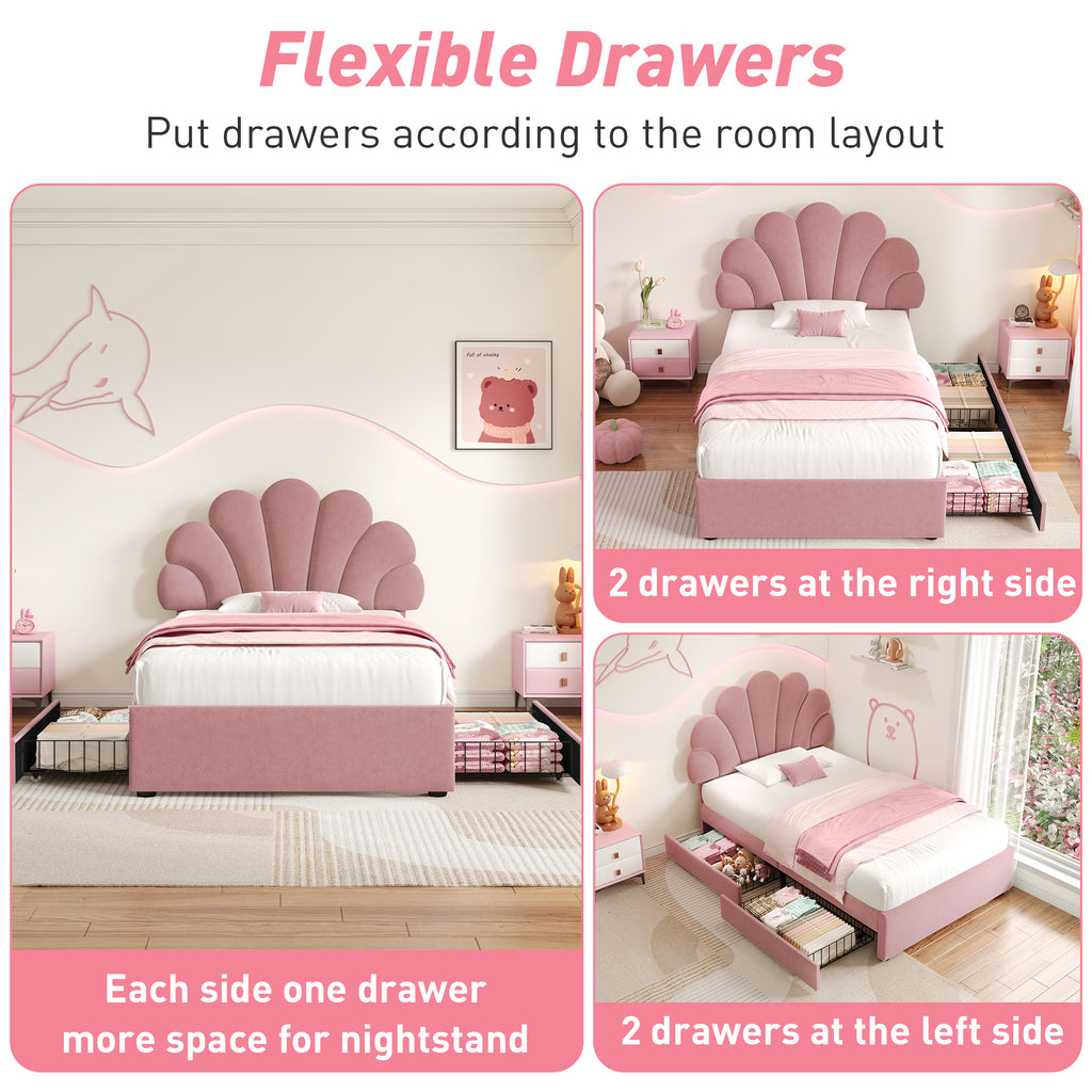 3ft Single Upholstered Bed with Adjustable Chic Petal Headboard, Soft Velvet Bed Frame with 2 Storage Drawers, Petal Bed with Solid Wood Slat, No Box Spring Needed, Easy Assembly, Pink (No Mattress)