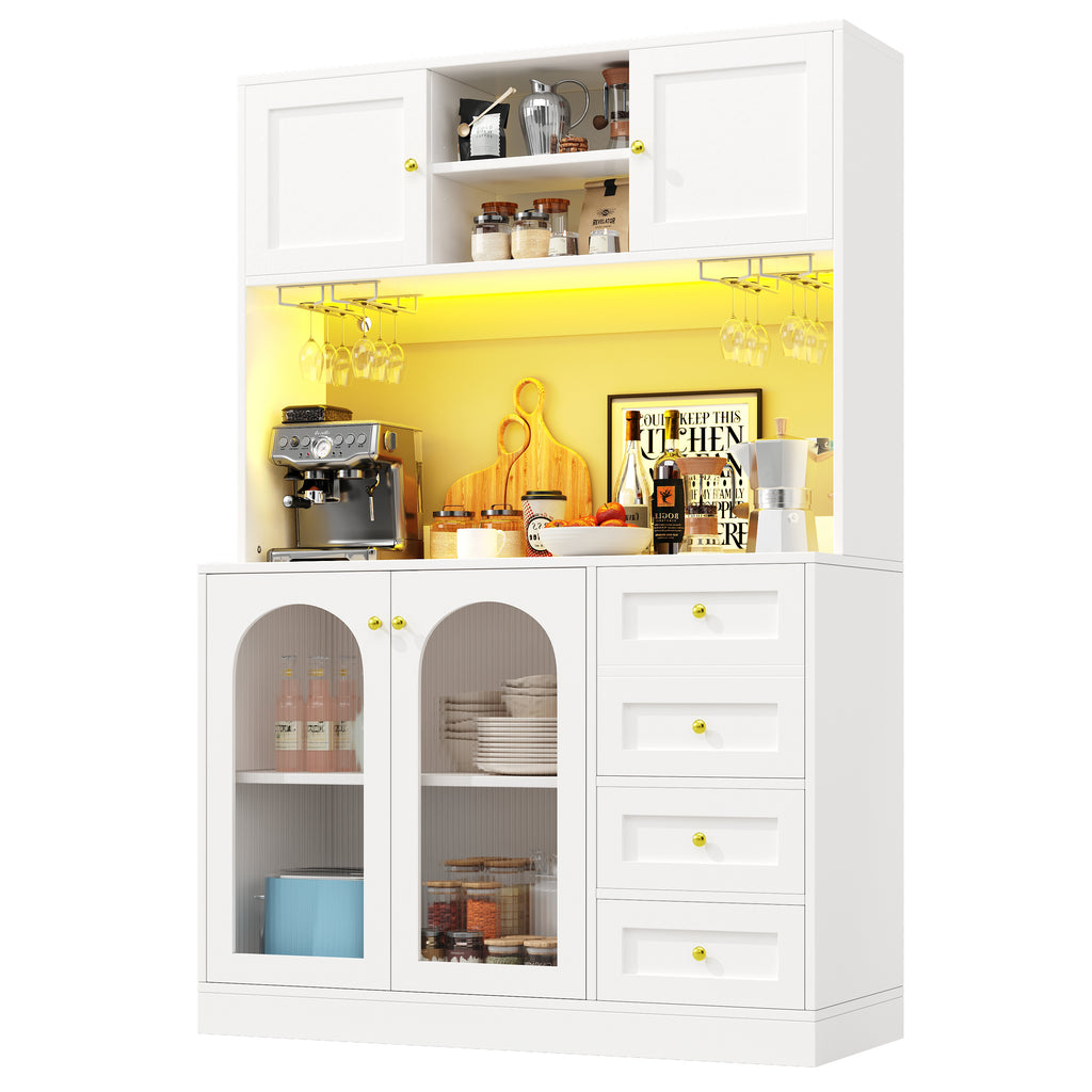 Sideboard / Storage Cabinet / Kitchen Cabinet / Buffet Cabinet, 120x40x188cm, Farmhouse Style, 4 Doors, with LED Light Strip & Drink Holders, Black/White (Fluted Glass Doors)