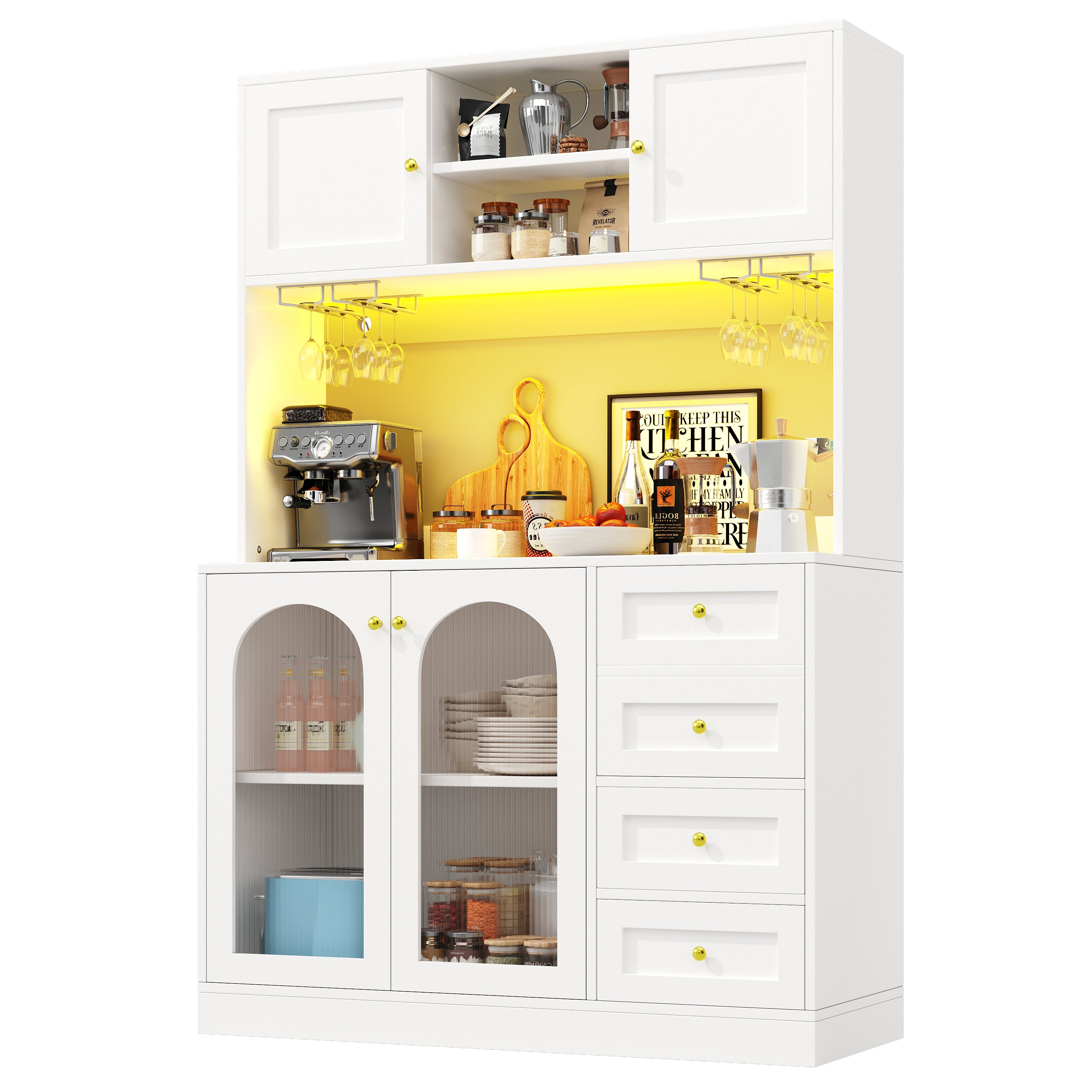Sideboard / Storage Cabinet / Kitchen Cabinet / Buffet Cabinet, 120x40x188cm, Farmhouse Style, 4 Doors, with LED Light Strip & Drink Holders, Black/White (Fluted Glass Doors)