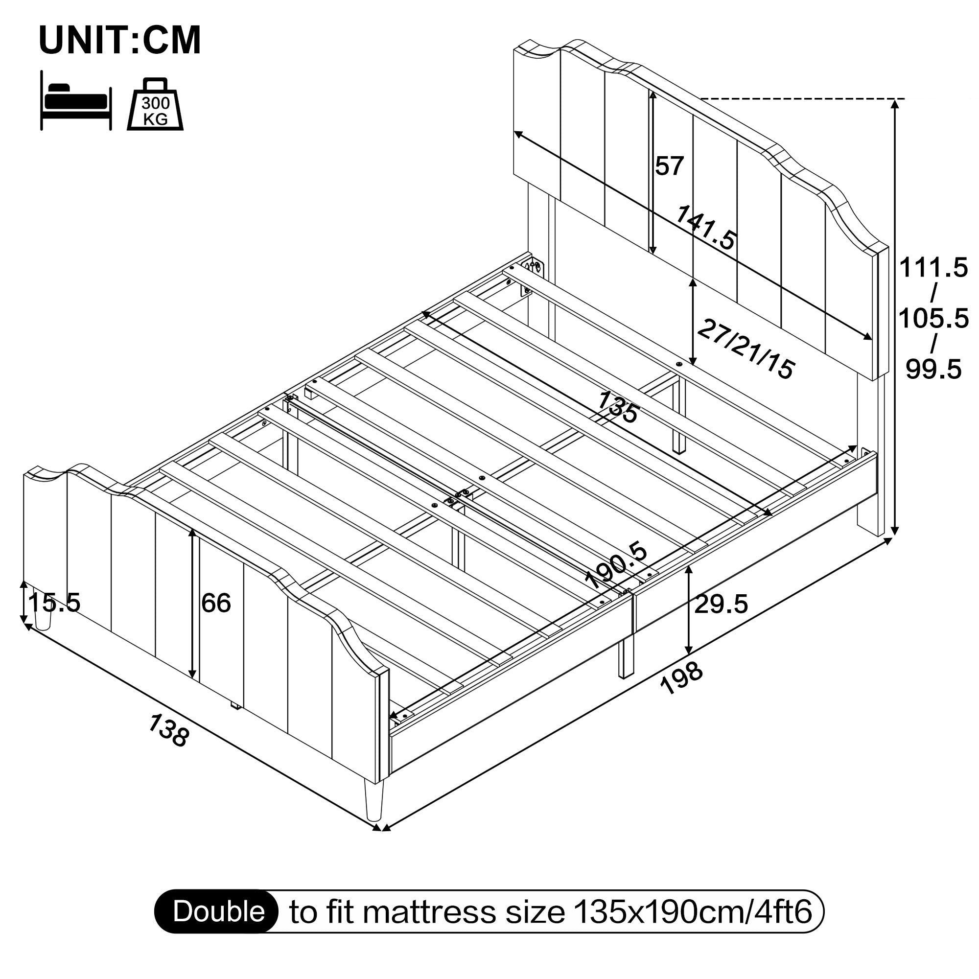 4ft6 Double Upholstered Bed Frame with Adjustable Chic Channel-Tufted Headboard, Velvet Platform Bed Frame with Solid Wood Slat and Mute Foam, No Box Spring Needed, Easy Assembly, Grey (No Mattress)