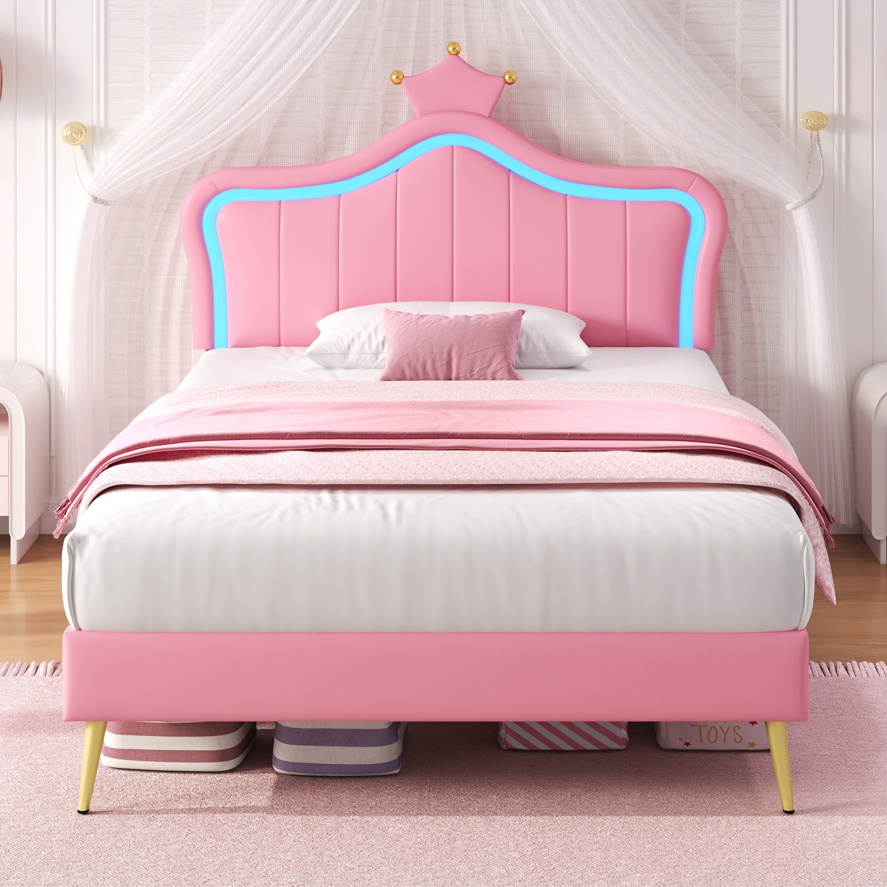 3ft Single Upholstered Bed with LED Adjustable Crown Shape Headboard, PU Leather Bed Frame with Solid Wood Slat, No Box Spring Needed, Easy Assembly, Pink (No Mattress)