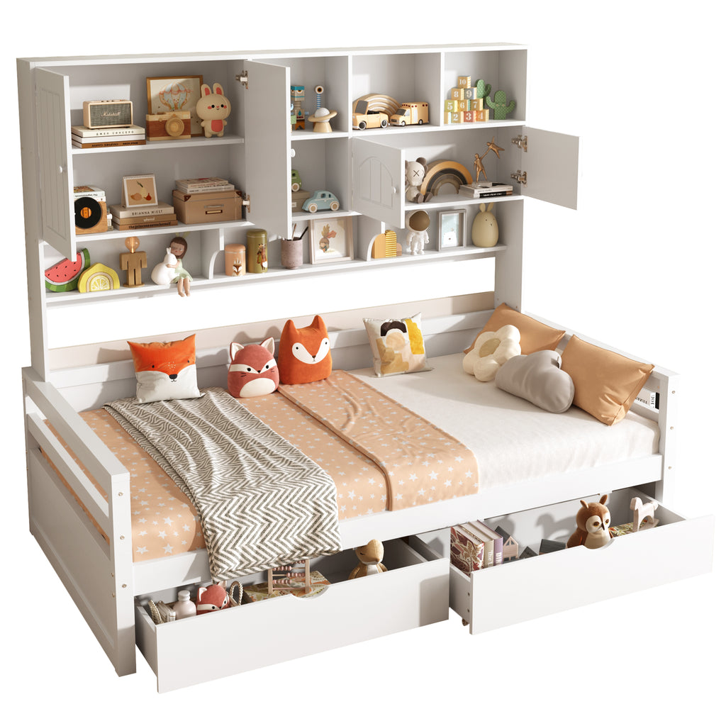 3ft Single Bed with Two Storage Drawers and Bookcase headboard, Wooden Bed Frame with Storage and Guardrail, Space-Saving Design for Bedroom, Dorm and Study Room, White (No Mattress)