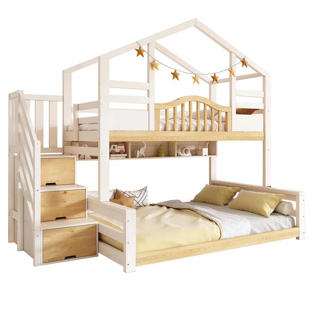 Bunk Beds for Kids, Staircase Bunk with Storage Space, Small House-shaped Children's Bed, Double Bunk Bed for Family with Multiple Children, (90+135) x 190 cm, Solid Wood, White & Natural
