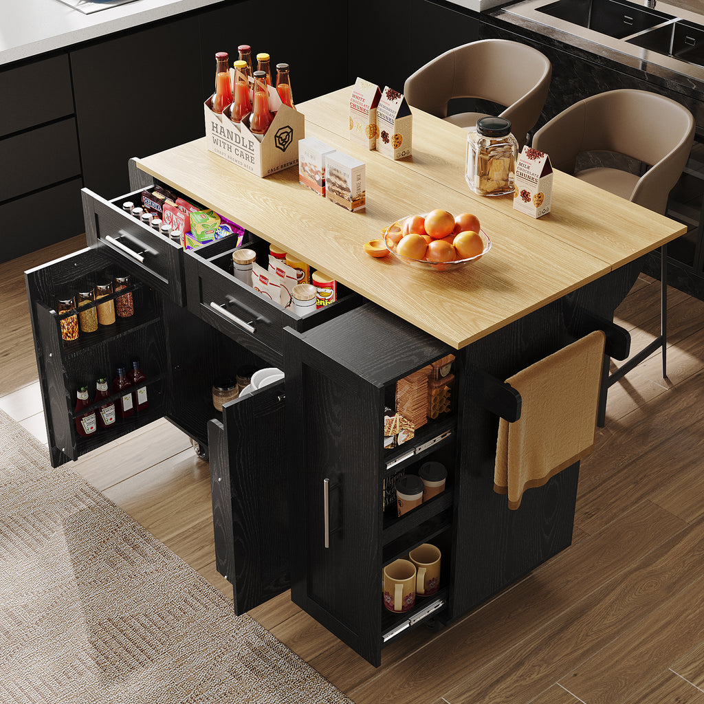 Modern kitchen island, kitchen cabinet, buffet cabinet, dining cart with wood grain, dining table with storage space, dining cart with snack shelves and stretch function cabinets, black