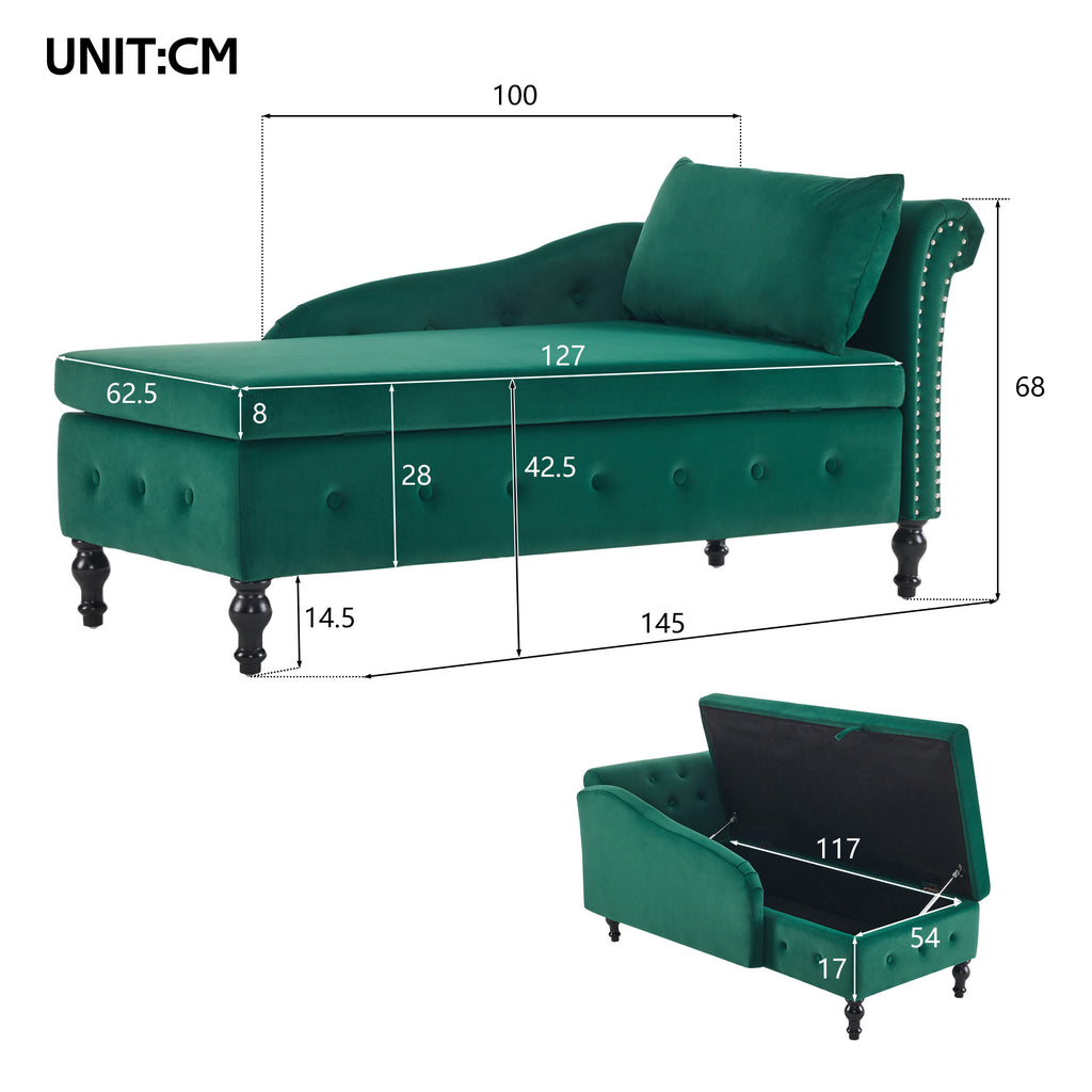 Velvet Chaise Lounge Sofa with Storage, Upholstered Chaise lounge Couch with Pillow for Living Room, Modern Nailhead-Trim & Button-tufted Lounge Chair, Bedroom and Office, Right Armrest