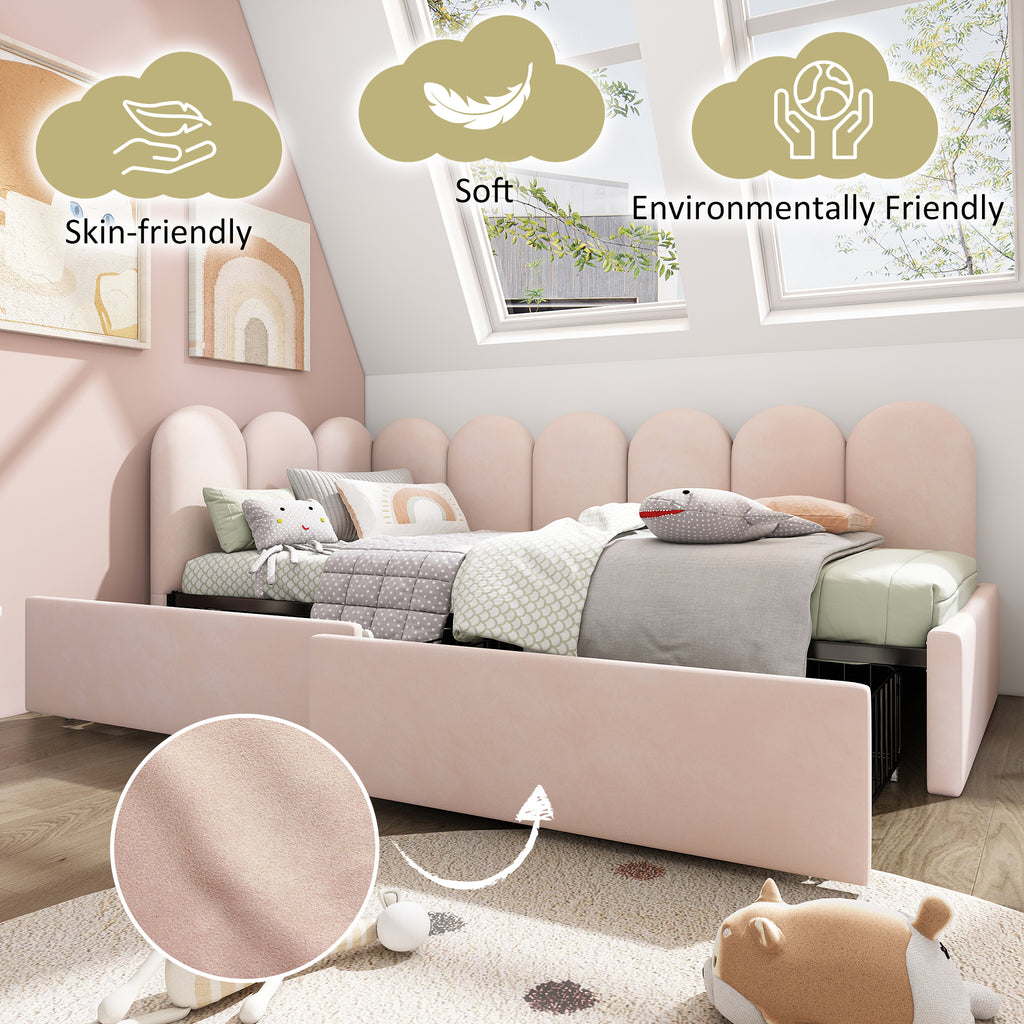 Upholstered Bed Daybed With Drawers Storage,3FT Single Sofa Bed 90X190cm, Sofa Bed For Adults and Children , Bed Frame With Slatted Frame, Velvet, Pink (No Mattress)