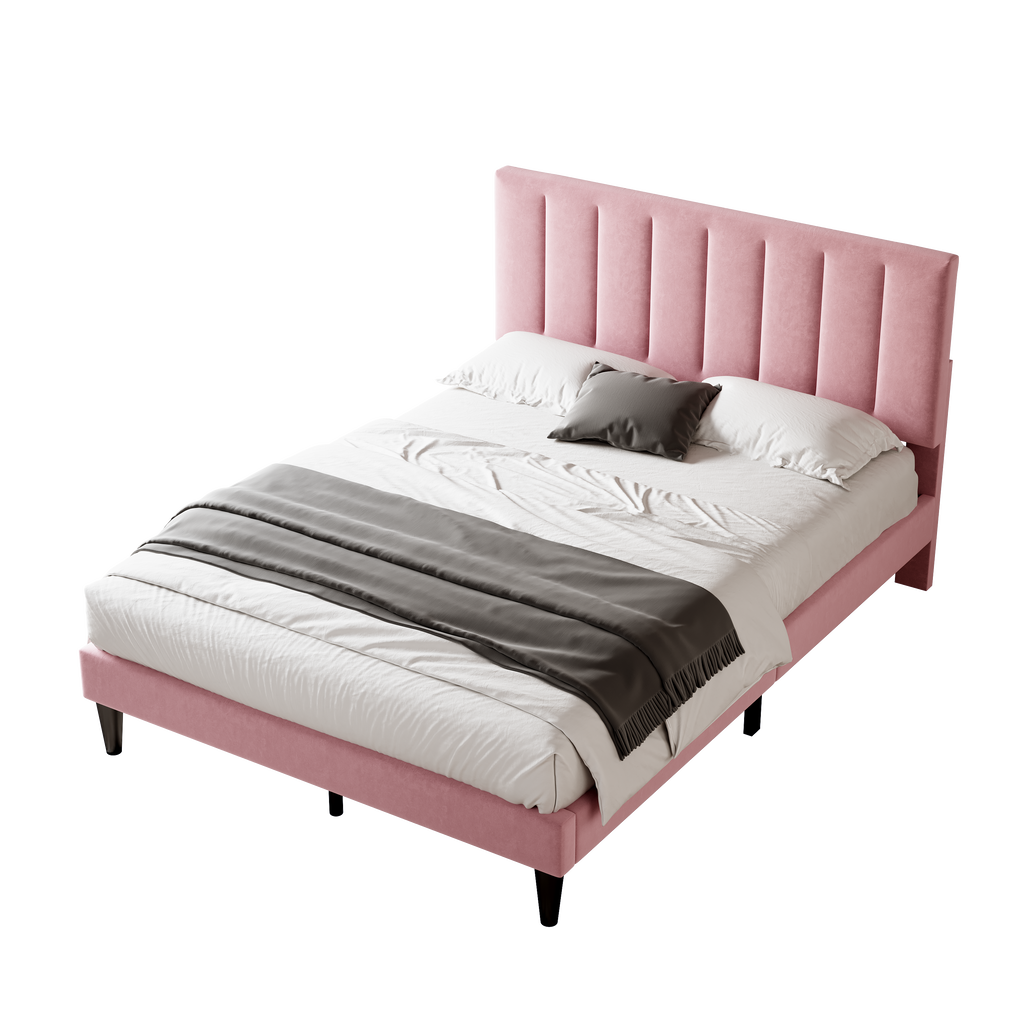 4ft6 Double Upholstered Velvet Bed Frame, with Adjustable Channel Tufted Headboard, Velvet Platform Bed Frame with Solid Wood Slat and Mute Foam, No Box Spring Needed, Easy Assembly, Pink