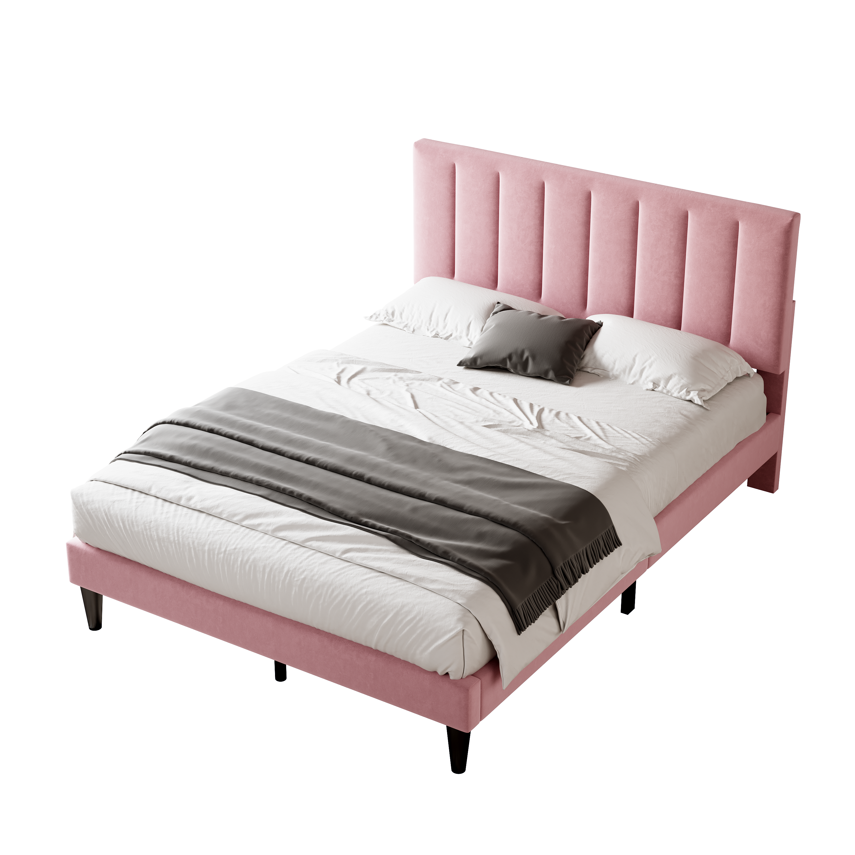4ft6 Double Upholstered Velvet Bed Frame, with Adjustable Channel Tufted Headboard, Velvet Platform Bed Frame with Solid Wood Slat and Mute Foam, No Box Spring Needed, Easy Assembly, Pink