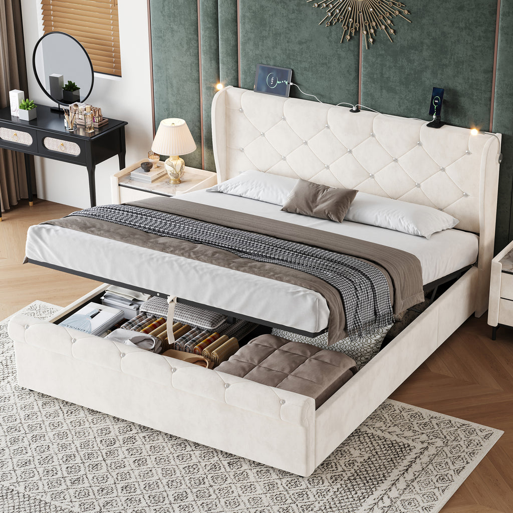 4ft6 Double Upholstered Bed Frame with Hydraulic Storage,  Diamond Tufted Headboard with Charging Station and Reading Light, USB and Type - C Ports, Velvet, Beige (No Mattress)