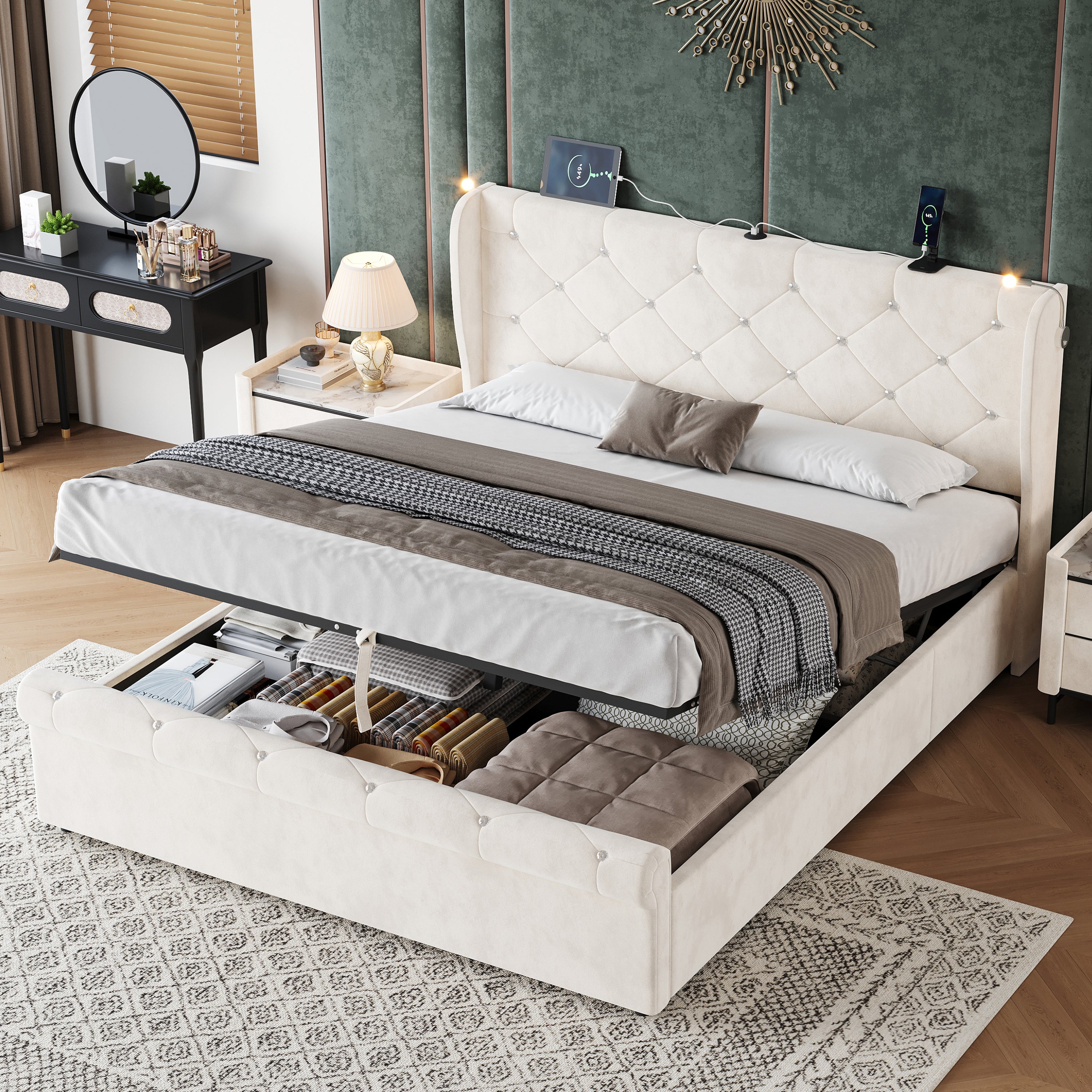 4ft6 Double Upholstered Bed Frame with Hydraulic Storage,  Diamond Tufted Headboard with Charging Station and Reading Light, USB and Type - C Ports, Velvet, Beige (No Mattress)