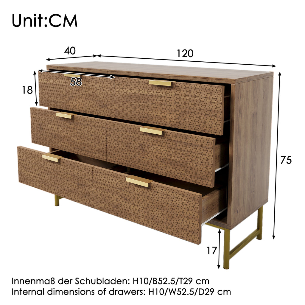 Embossed Design Sideboard Cabinet Dresser with 6 Drawers,  Anti-tip,  Sideboard for  Living Room, Hallway, Bedroom, and Children's Room, 120 x 40 x 75 cm, Walnut