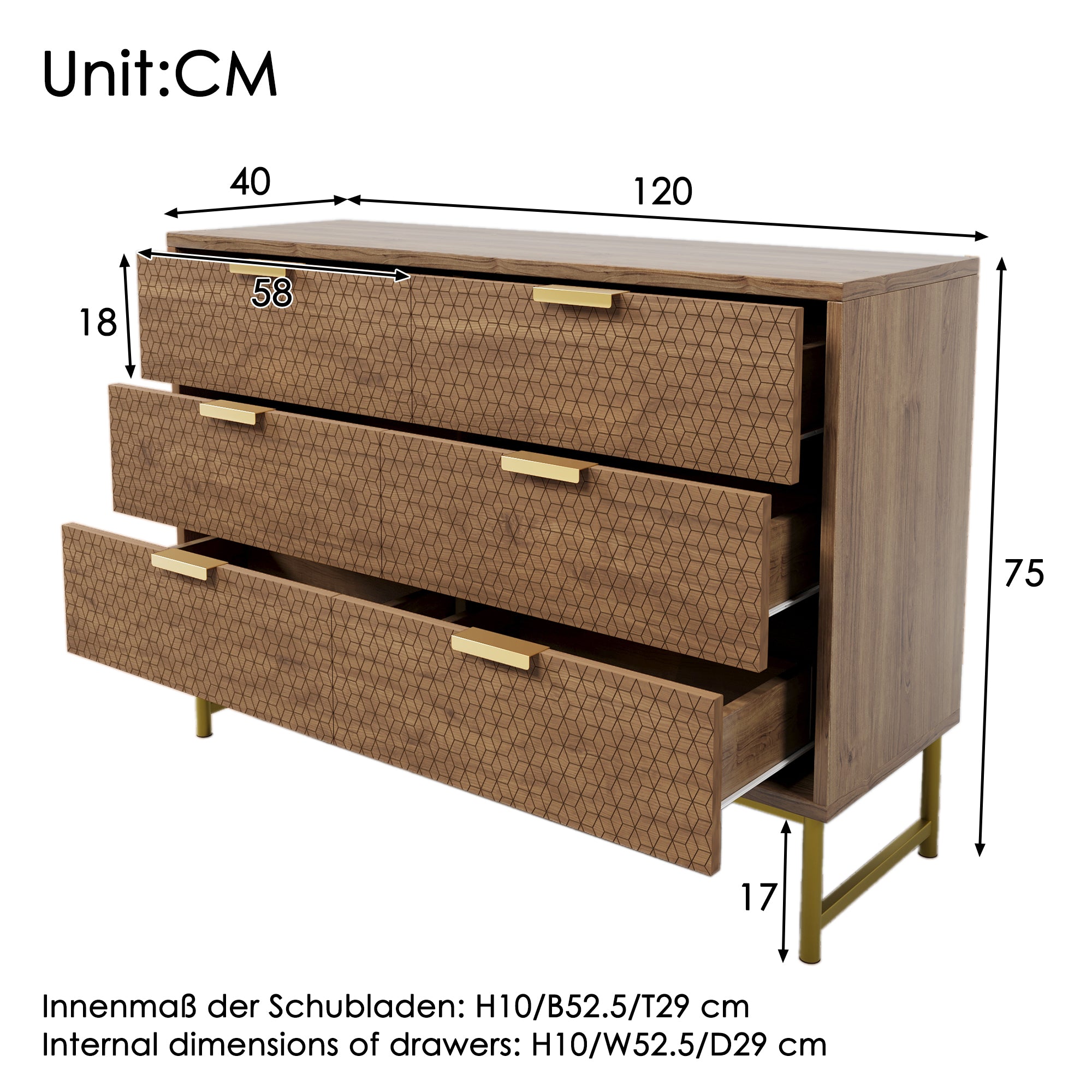 Embossed Design Sideboard Cabinet Dresser with 6 Drawers,  Anti-tip,  Sideboard for  Living Room, Hallway, Bedroom, and Children's Room, 120 x 40 x 75 cm, Walnut