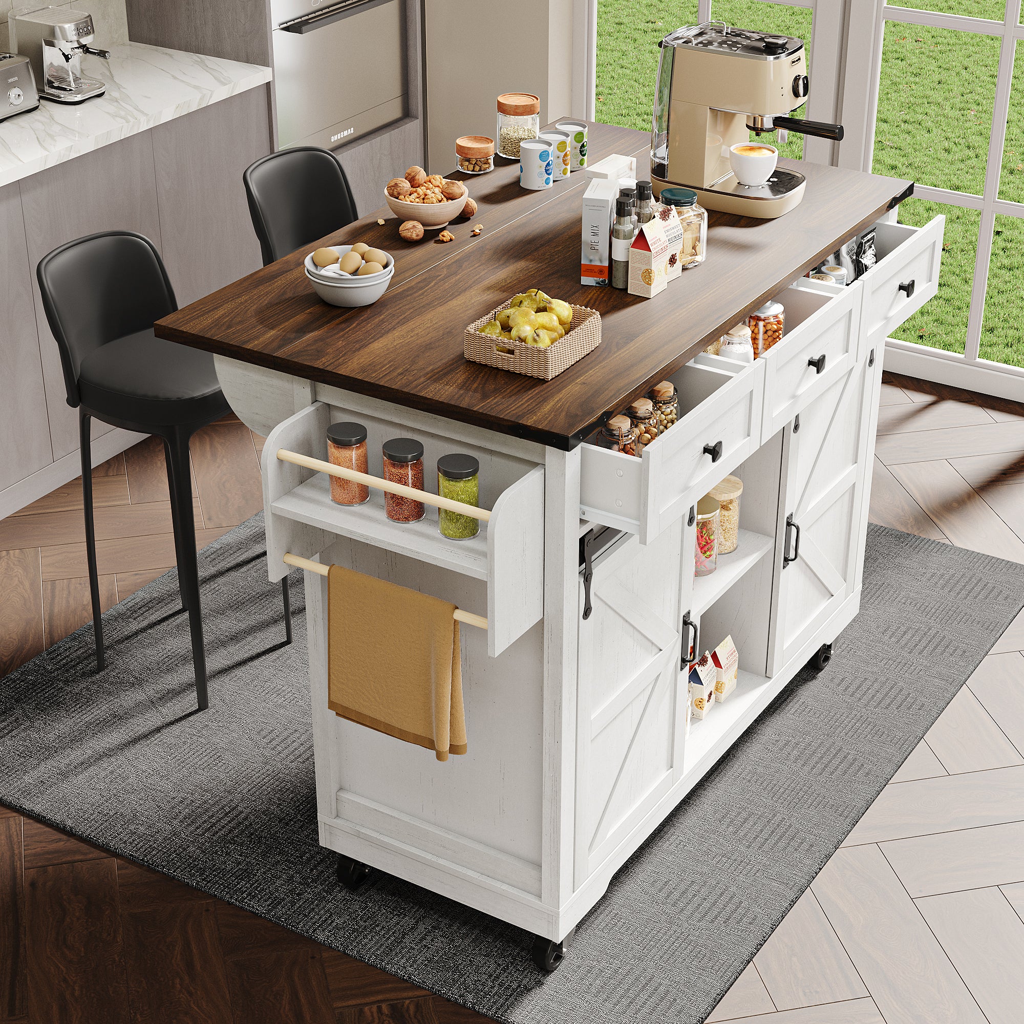 Kitchen island, serving cart with extendable worktop, kitchen cart on wheels, kitchen cabinet with 2 sliding doors and 3 drawers, dining cart with wood grain, kitchen cabinet