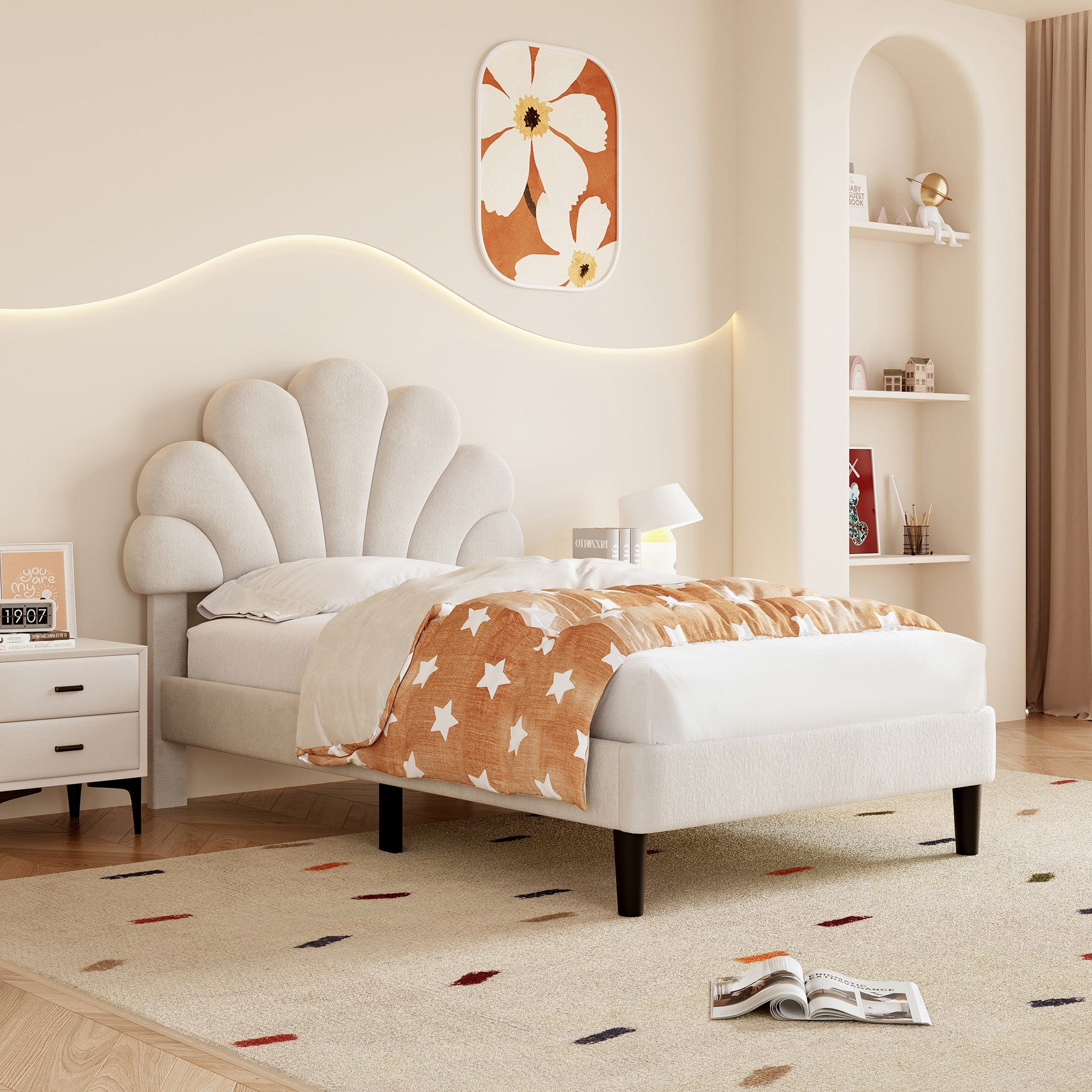 3ft Single Upholstered Velvet Bed Frame, with Adjustable Chic Petal Headboard, Velvet Platform Bed Frame with Solid Wood Slat, No Box Spring Needed, Easy Assembly, Beige