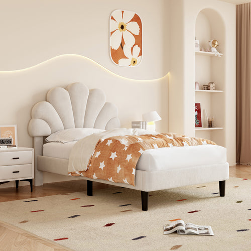 3ft Single Upholstered Velvet Bed Frame, with Adjustable Chic Petal Headboard, Velvet Platform Bed Frame with Solid Wood Slat, No Box Spring Needed, Easy Assembly, Beige