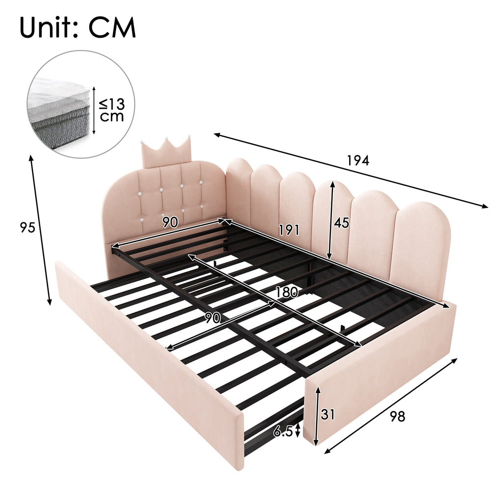 Upholstered Daybed with Pull-Out Bed, Crown-shaped Trundle Bed, 3FT Single Sofa Bed 90 x 190 cm, Guest Beds for Adults & Children, Bed with Metal Slatted Frame, Velvet, Pink (No Mattress)